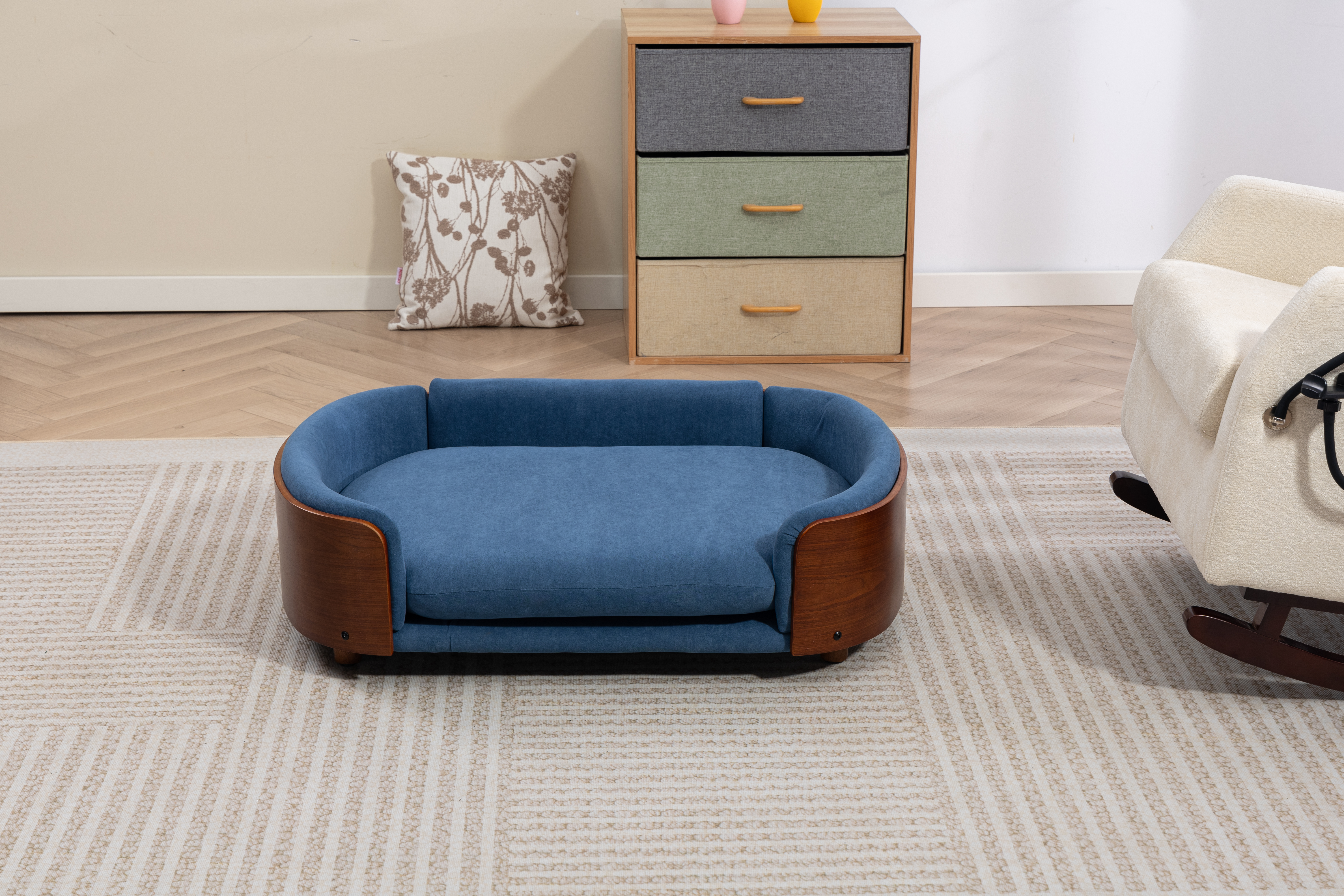 Scandinavian style Elevated Dog Bed Pet Sofa With Solid Wood legs and Walnut Bent Wood Back, Velvet Cushion,Large Size image 18