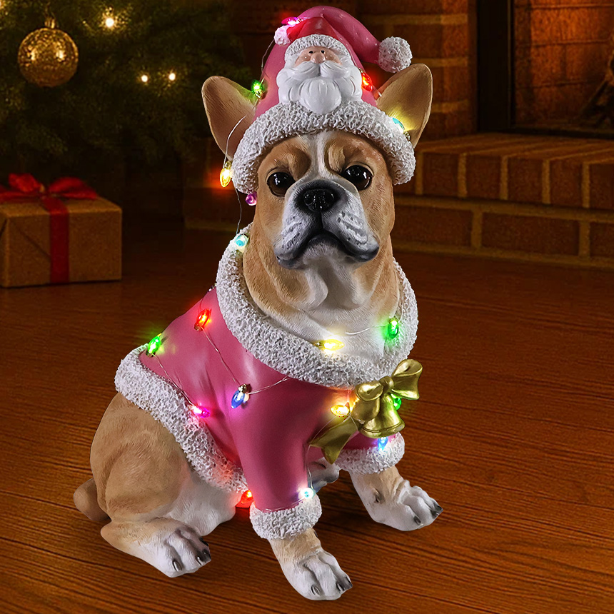 Christmas French Bulldog Statue,Holiday Dog Figurine in Pink Santa Outfit image 21