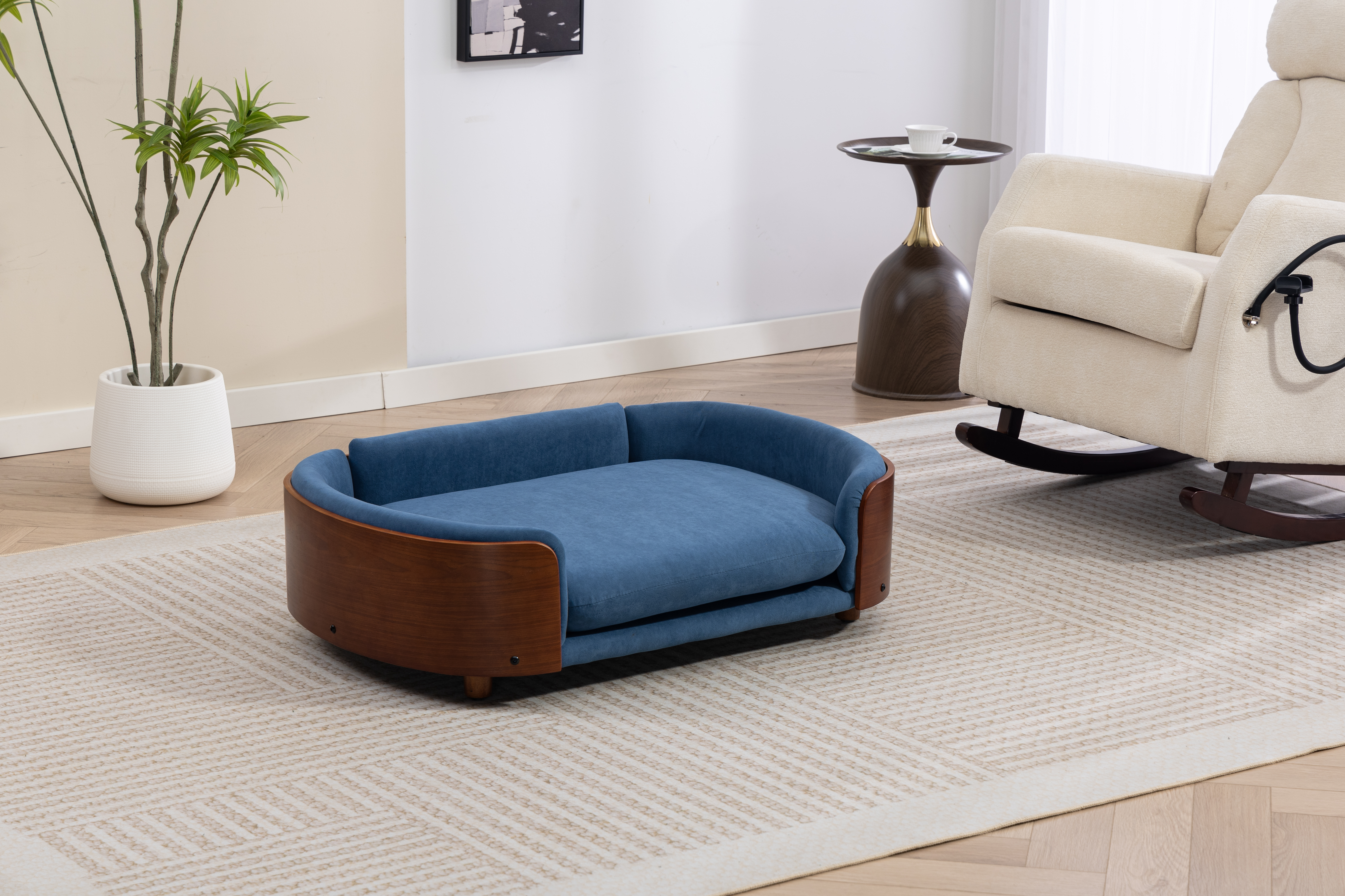 Scandinavian style Elevated Dog Bed Pet Sofa With Solid Wood legs and Walnut Bent Wood Back, Velvet Cushion,Large Size image 22