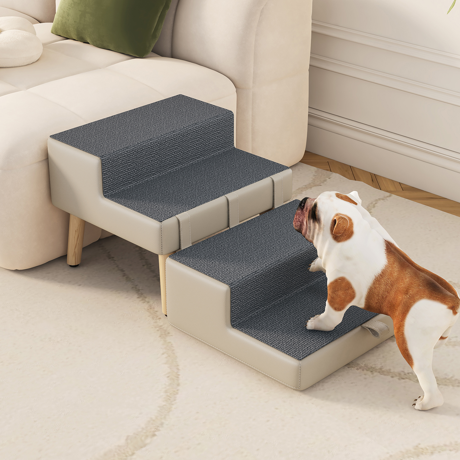 4-Step Ottoman Dog Stairs, 2-in-1 Foldable Pet Ramp for Bed,  Dog Ramp for Small Puppy and Cats, Sturdy Wood Frame Support with Non-slip walking surface, Holds Up To 220lbs ( Light Grey Color ) image 23