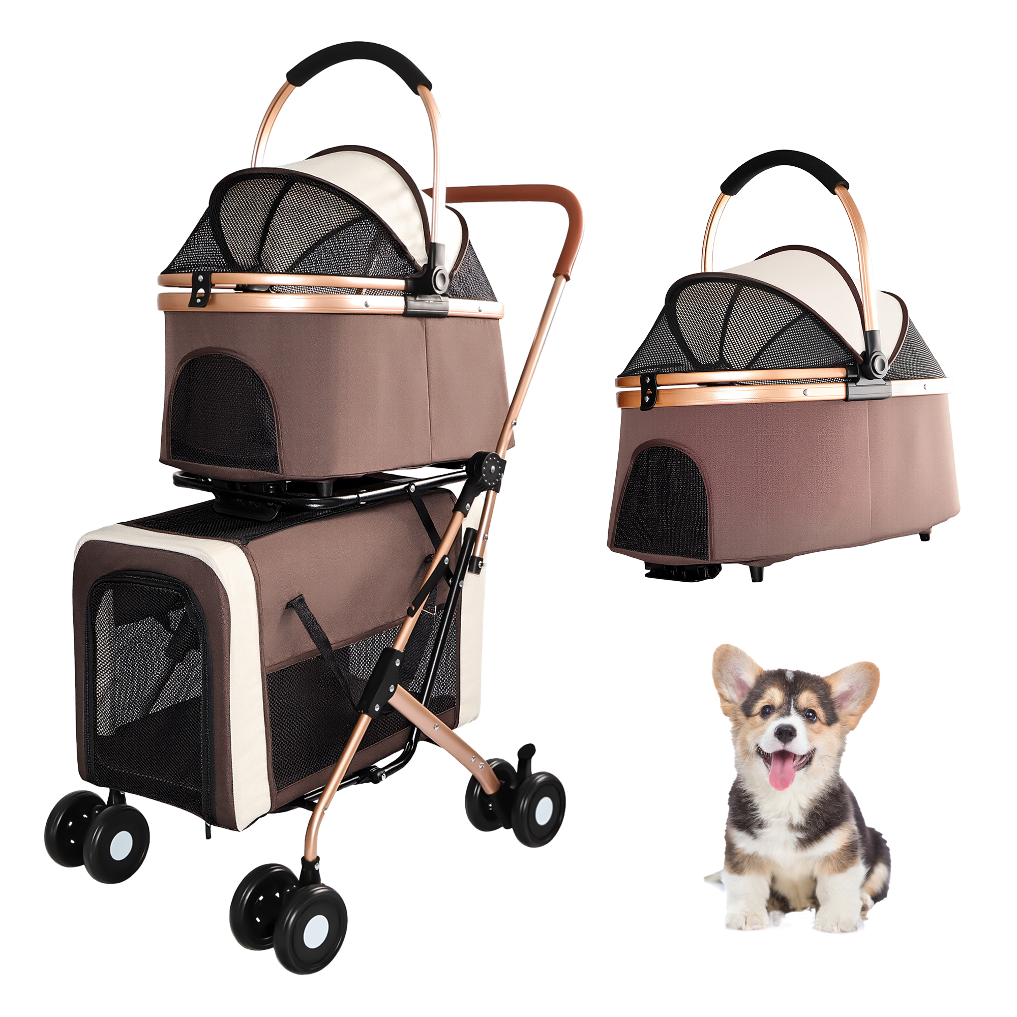 3-in-1 Double Pet Stroller For Small Medium Dogs Cats, Foldable Frame Convertible Pet Carrier Tote, Shockproof Wheels With Brake System, Dual Fixed Safety Leashes For Multi-Pet Households image 12