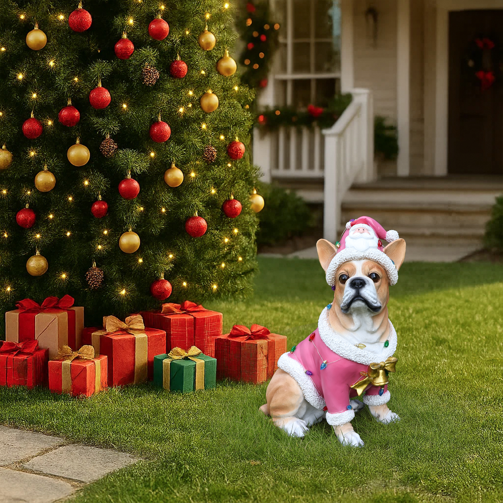 Christmas French Bulldog Statue,Holiday Dog Figurine in Pink Santa Outfit image 8