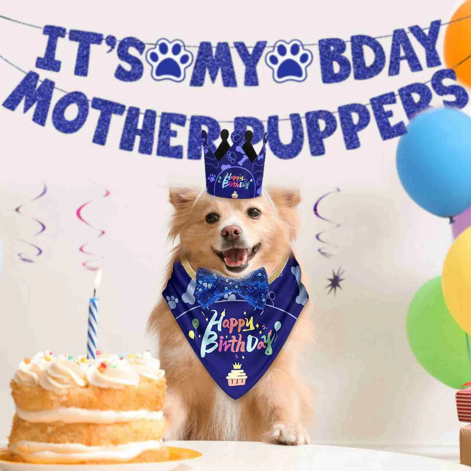 Dog Birthday Party Supplies, Boy Dog Birthday Bandana Set with Cute Dog Bowtie, Scarf, Birthday Banner  Balloons and Hat with Numbers for Medium and Extra Large Dogs Pets(Blue)