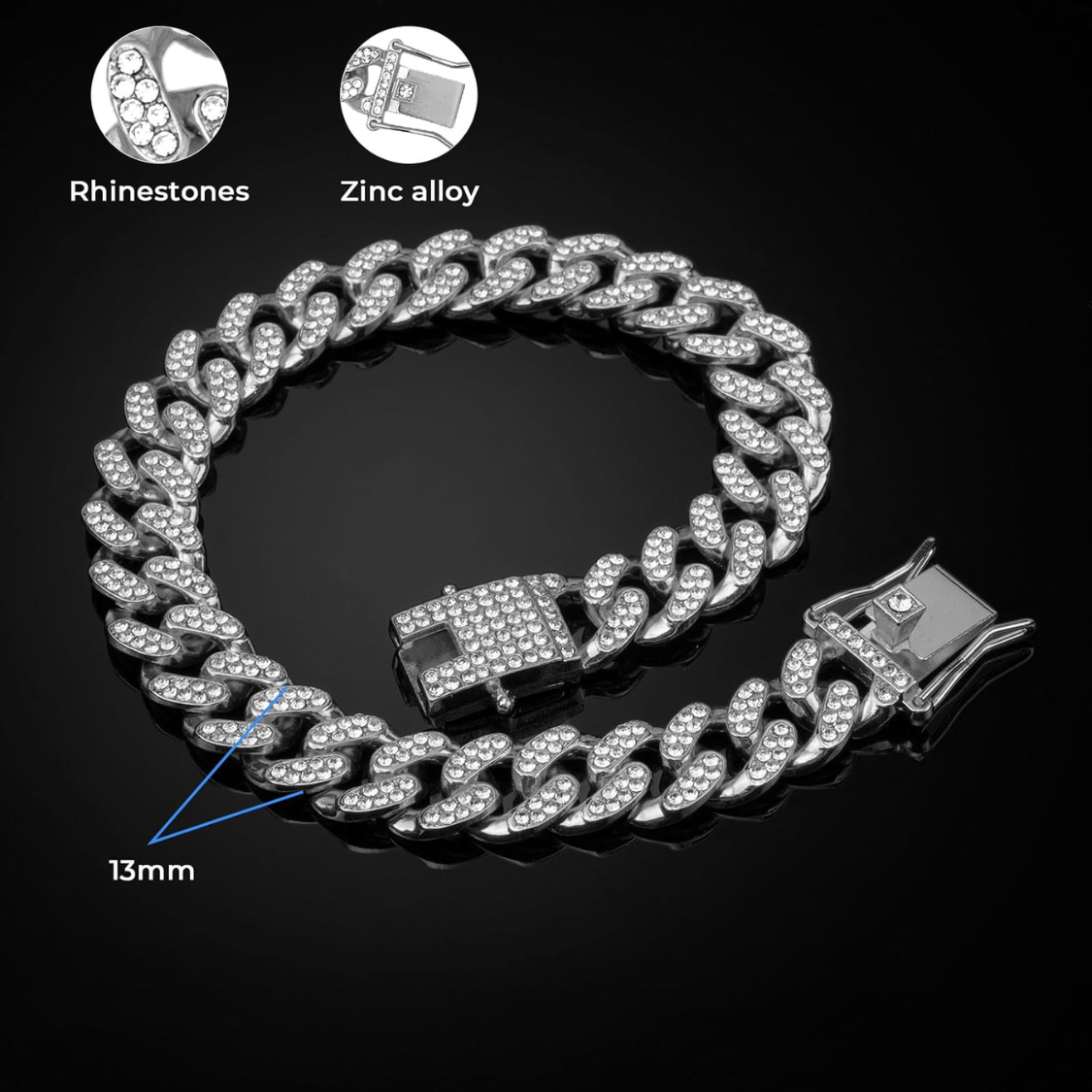 Dog Chain Collar Silver Dog Necklace Diamond Cuban Link Dog Collar 13mm Wide Metal Pet Cat Dog Chain Crystal Collar Jewelry Accessories For Large Medium image 3