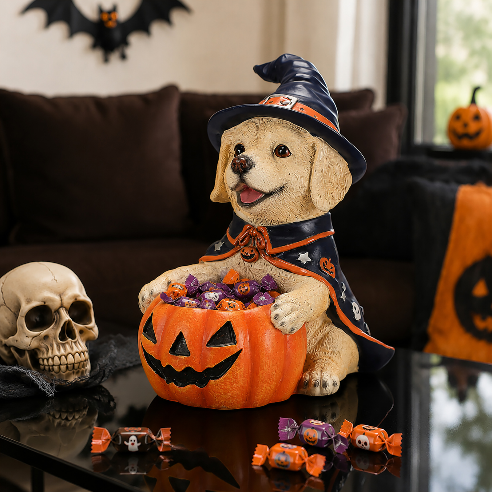 Halloween Labrador Retriever Witch Puppy Figurine, Cute Dog Holding Pumpkin Candy Bowl Decoration image 13