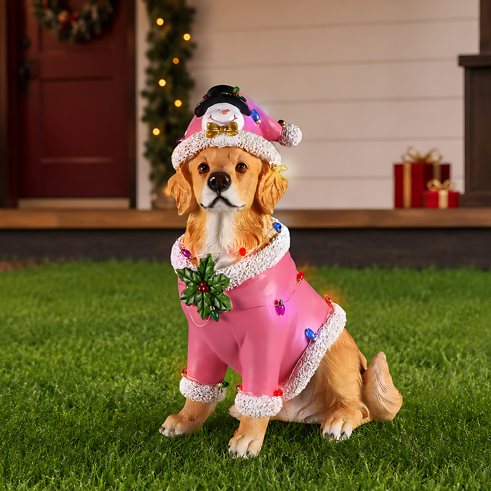 Christmas Golden Retriever Statue, Holiday Dog Figurine in Pink Santa Outfit
