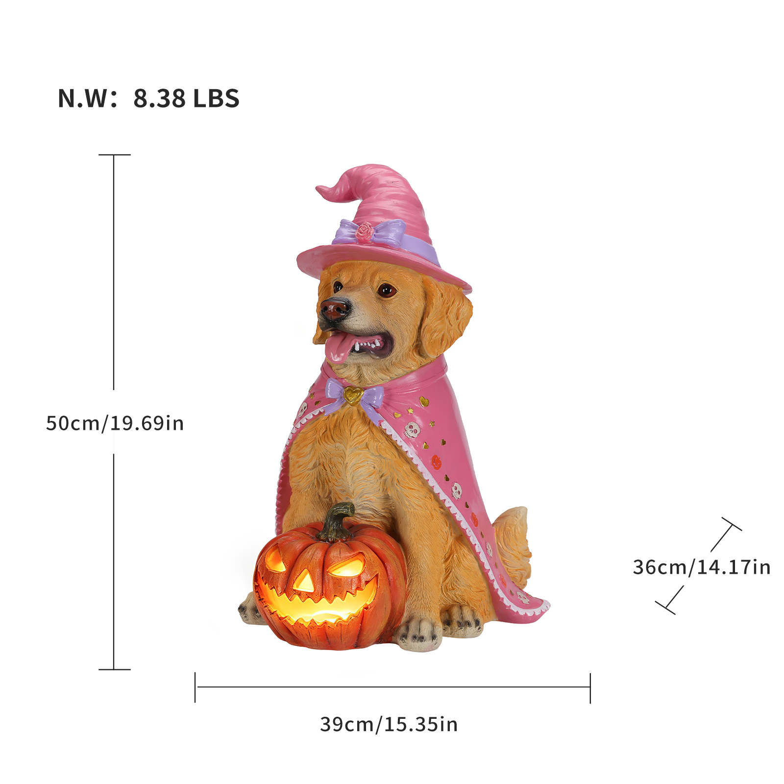 Halloween Golden Retriever Dog Statue, Large Sitting Dog Figurine with Pink Witch Hat & Cape, LED Light Up Jack-O-Lantern Pumpkin image 7