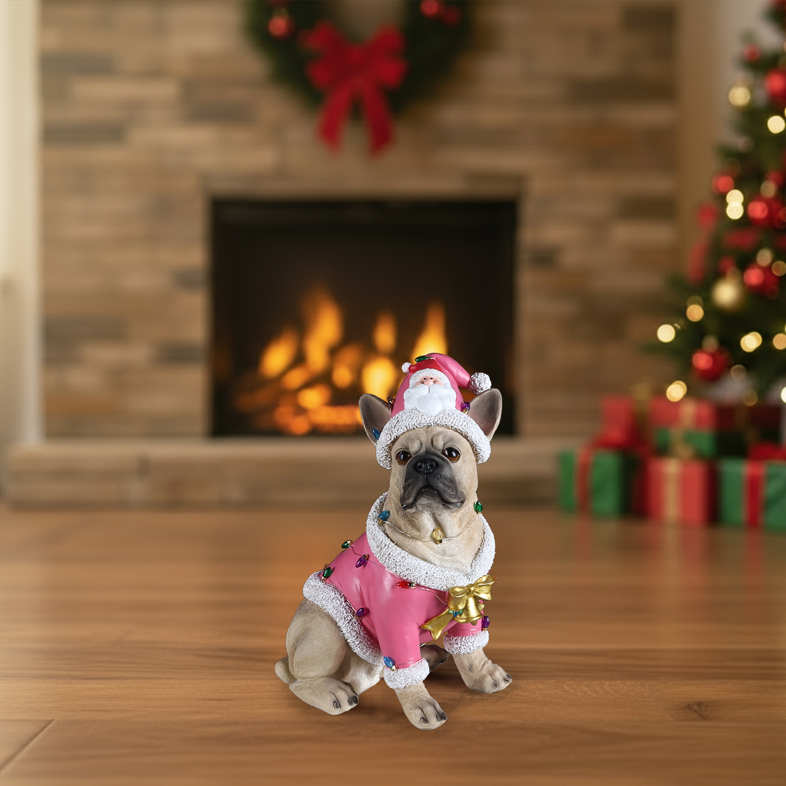 Christmas French Bulldog Statue,  Holiday Dog Figurine in Pink Santa Outfit, Festive Christmas Home Décor image 5