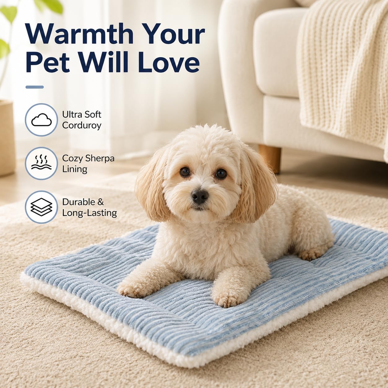 Double Sided Pet Bed Mat ,Striped Plush & Fleece Reversible Small Dog Cat Cushion Pad,Portable Washable Pet Sleeping Blanket For Puppy Kitten Indoor Cage Use image 4