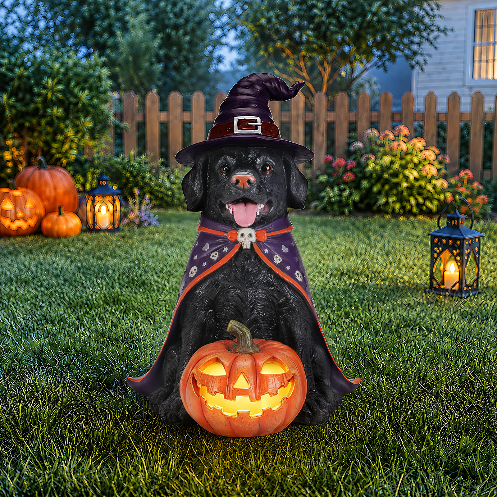 Halloween Black Labrador Retriever Dog Statue, Large Sitting Dog Figurine with Witch Hat & Cape, LED Light Up Jack-O-Lantern Pumpkin image 7