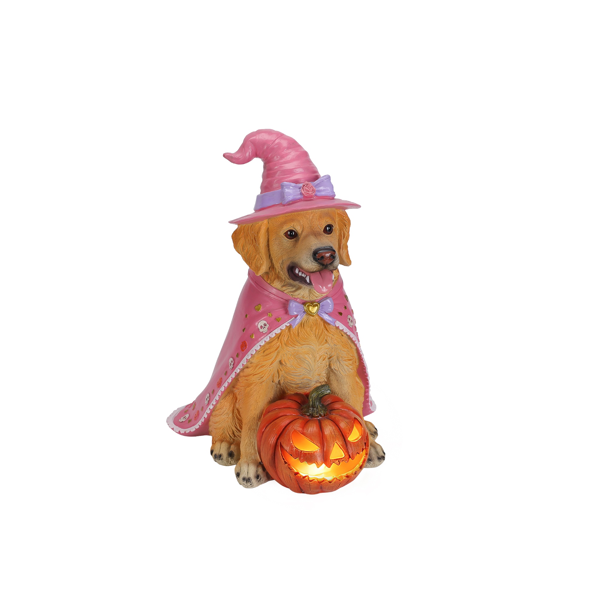 Halloween Golden Retriever Dog Statue, Large Sitting Dog Figurine with Pink Witch Hat & Cape, LED Light Up Jack-O-Lantern Pumpkin image 5