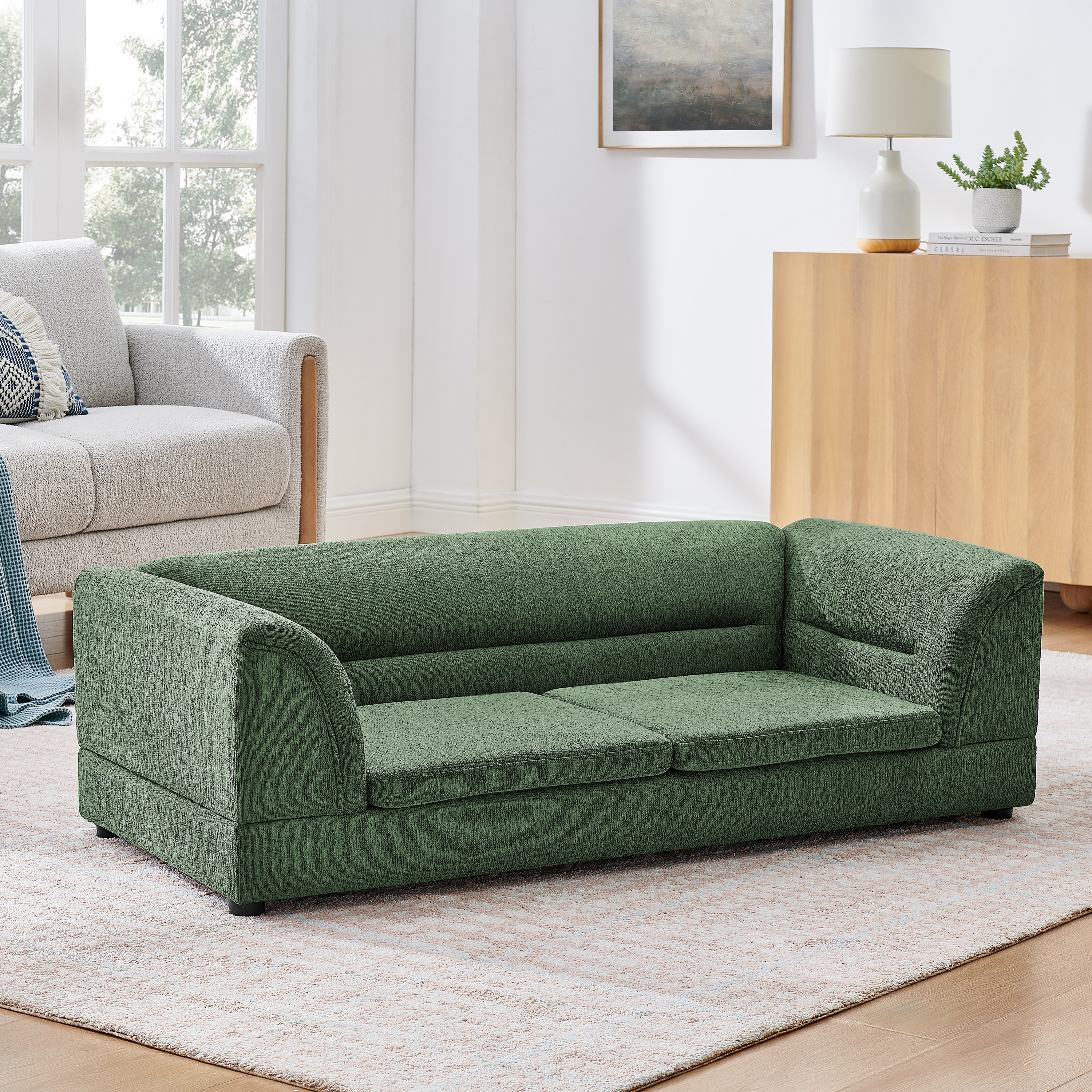 Oversized Pet Sofa, Curved Armrest Rectangular Dog Sofa, Linen Fabric Comfort Pet Couch for Large & Oversized Dogs-Olive Green image 15