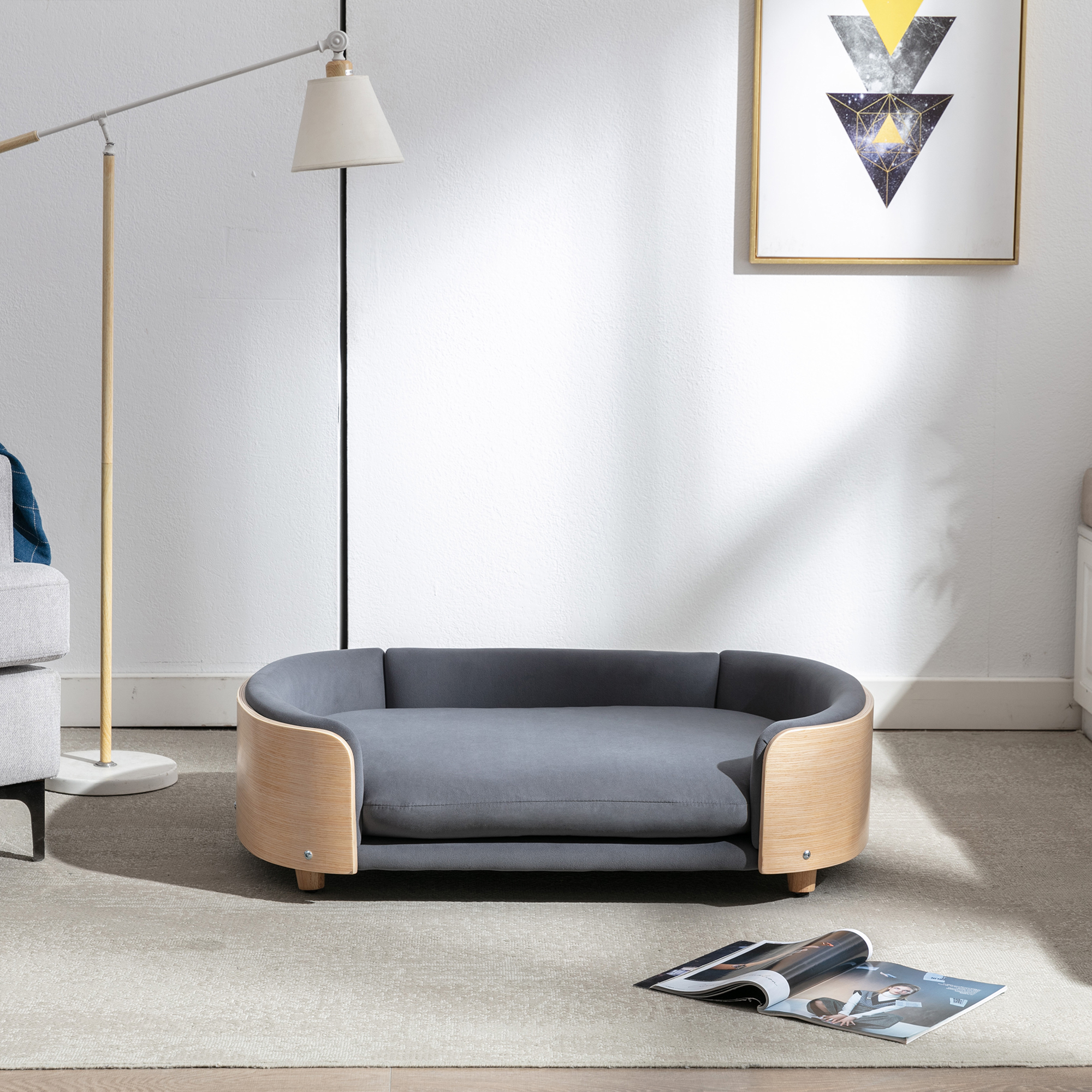 Scandinavian style Elevated Dog Bed Pet Sofa With Solid Wood legs and Bent Wood Back, Velvet Cushion,Large Size image 6