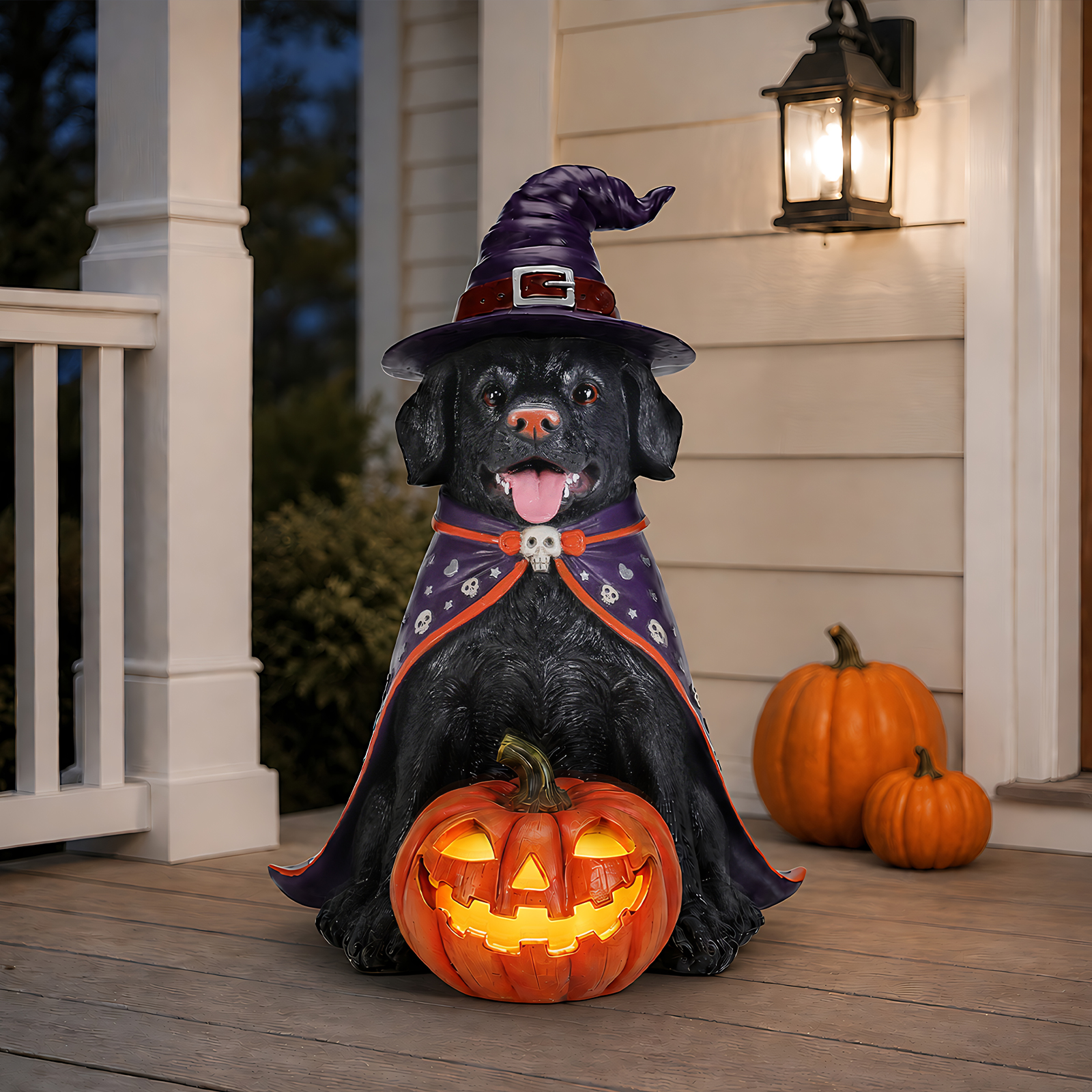 Halloween Black Labrador Retriever Dog Statue, Large Sitting Dog Figurine with Witch Hat & Cape, LED Light Up Jack-O-Lantern Pumpkin image 19