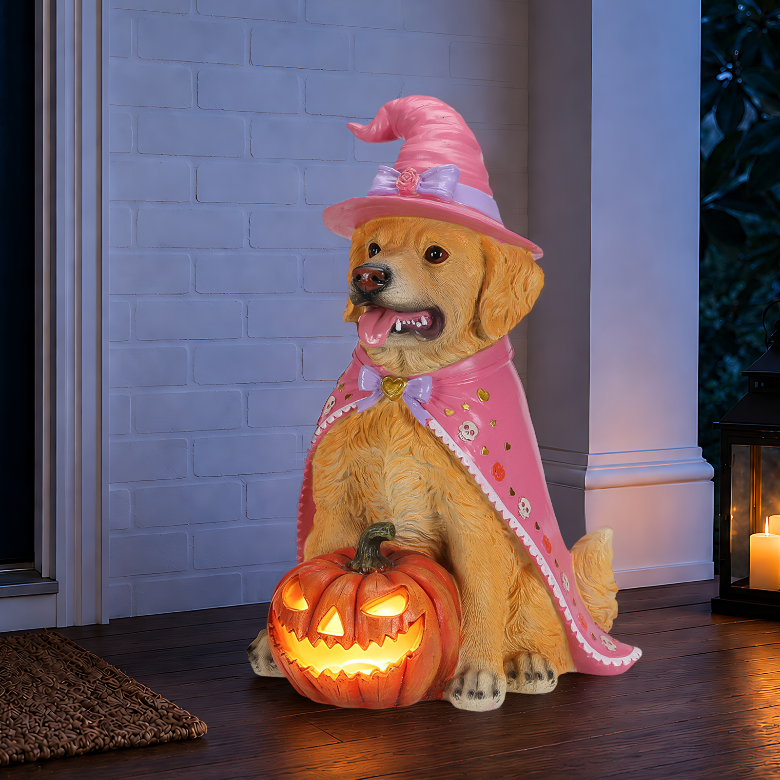 Halloween Golden Retriever Dog Statue, Large Sitting Dog Figurine with Pink Witch Hat & Cape, LED Light Up Jack-O-Lantern Pumpkin image 6