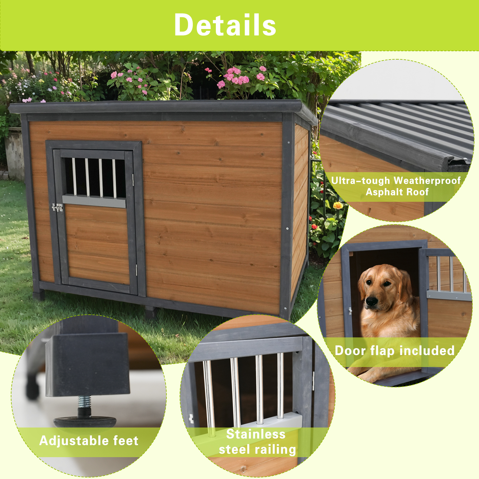 45"large solid wood dog house, waterproof PVC plastic roof, breathable wooden doors image 8