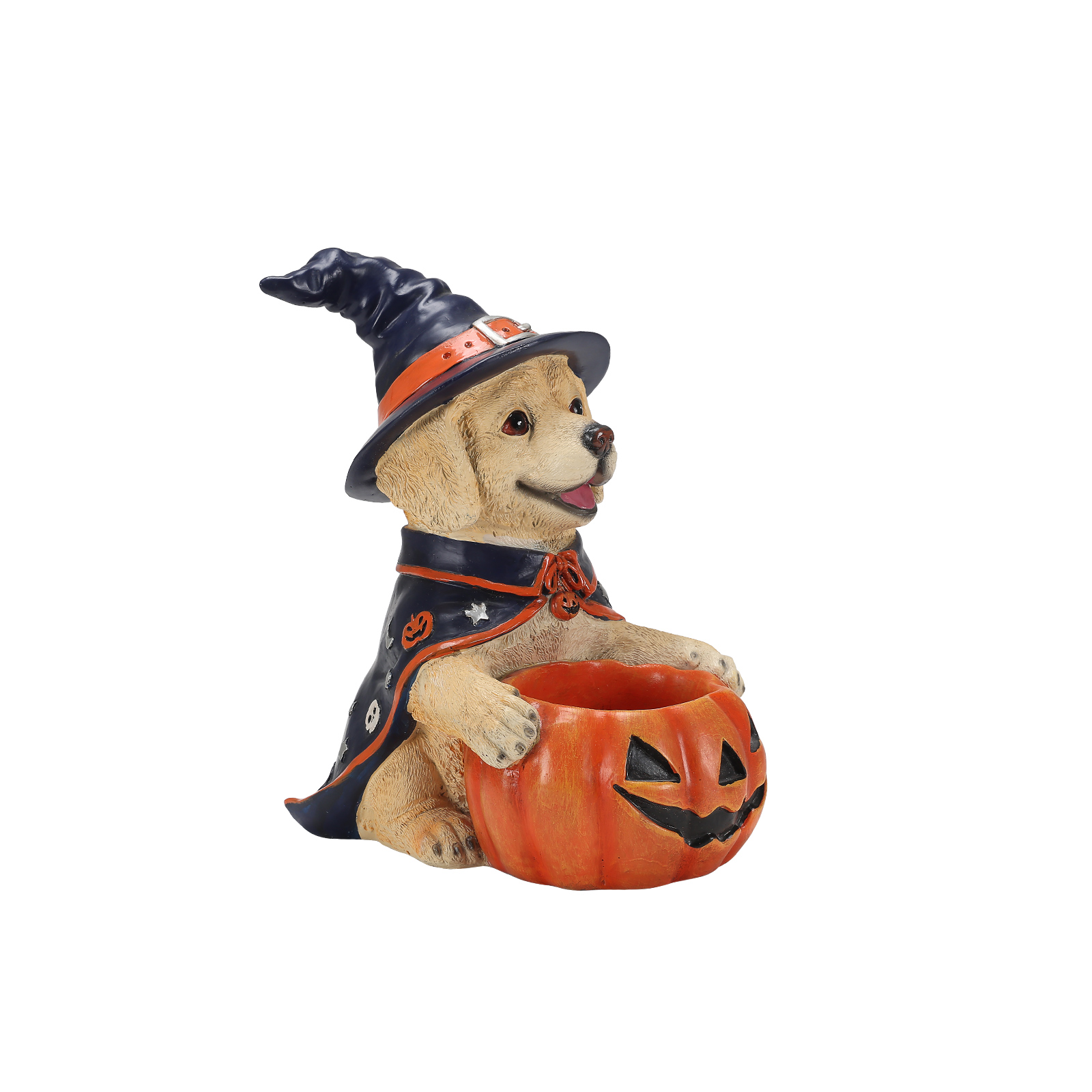 Halloween Labrador Retriever Witch Puppy Figurine, Cute Dog Holding Pumpkin Candy Bowl Decoration image 2