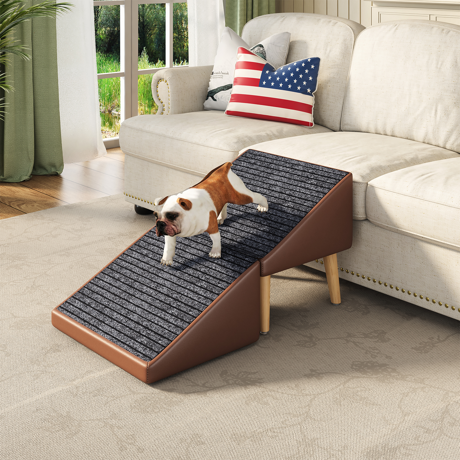 3-in-1 Dog Ramp 18.89"×17.91"×20.08" with Storage – Pet Stairs for Senior & Injured Dogs & Cats, Hidden Storage Footstool, Ottoman Anti-Slip, Supports 265 lbs for Beds & Sofas (BROWN Color)