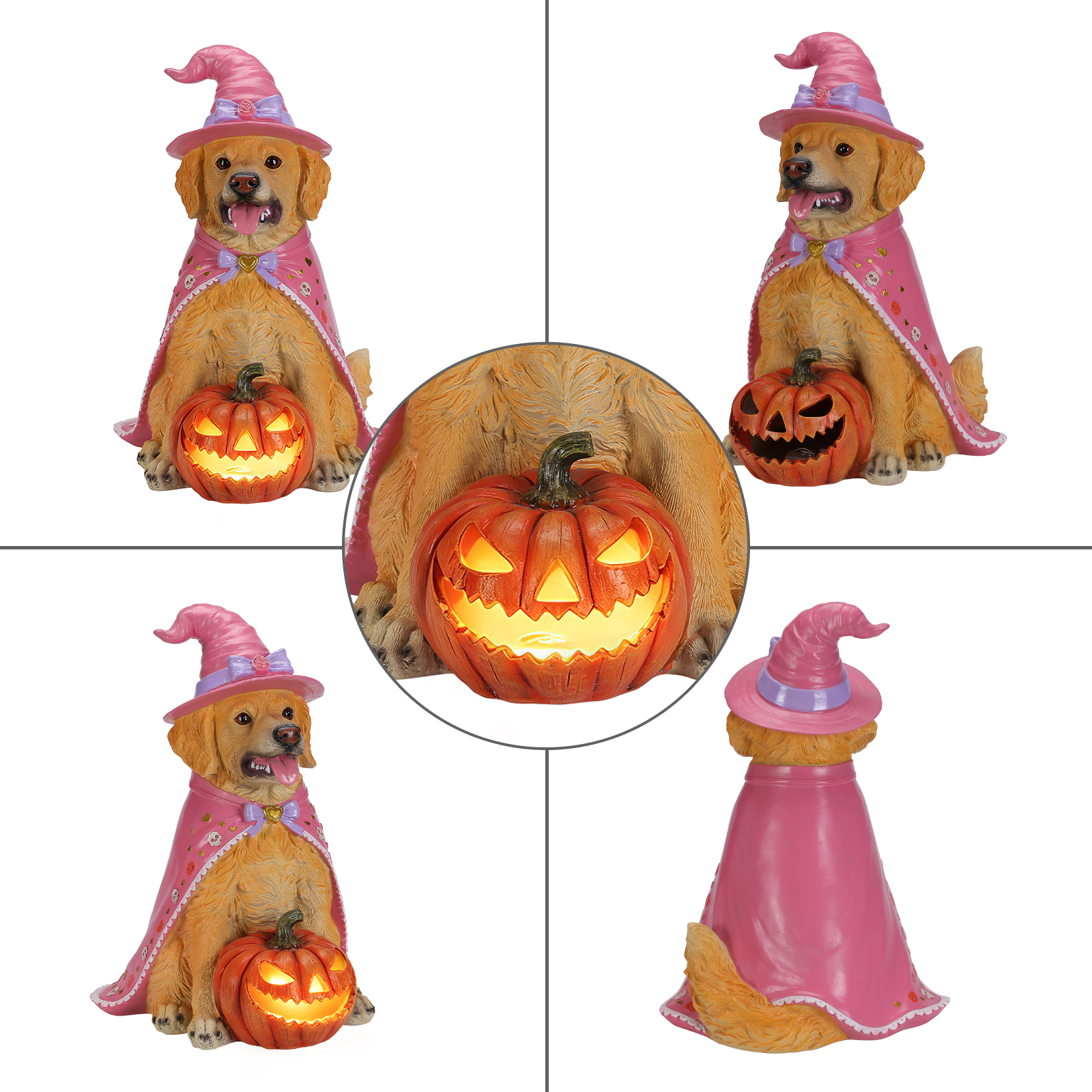 Halloween Golden Retriever Dog Statue, Large Sitting Dog Figurine with Pink Witch Hat & Cape, LED Light Up Jack-O-Lantern Pumpkin image 15