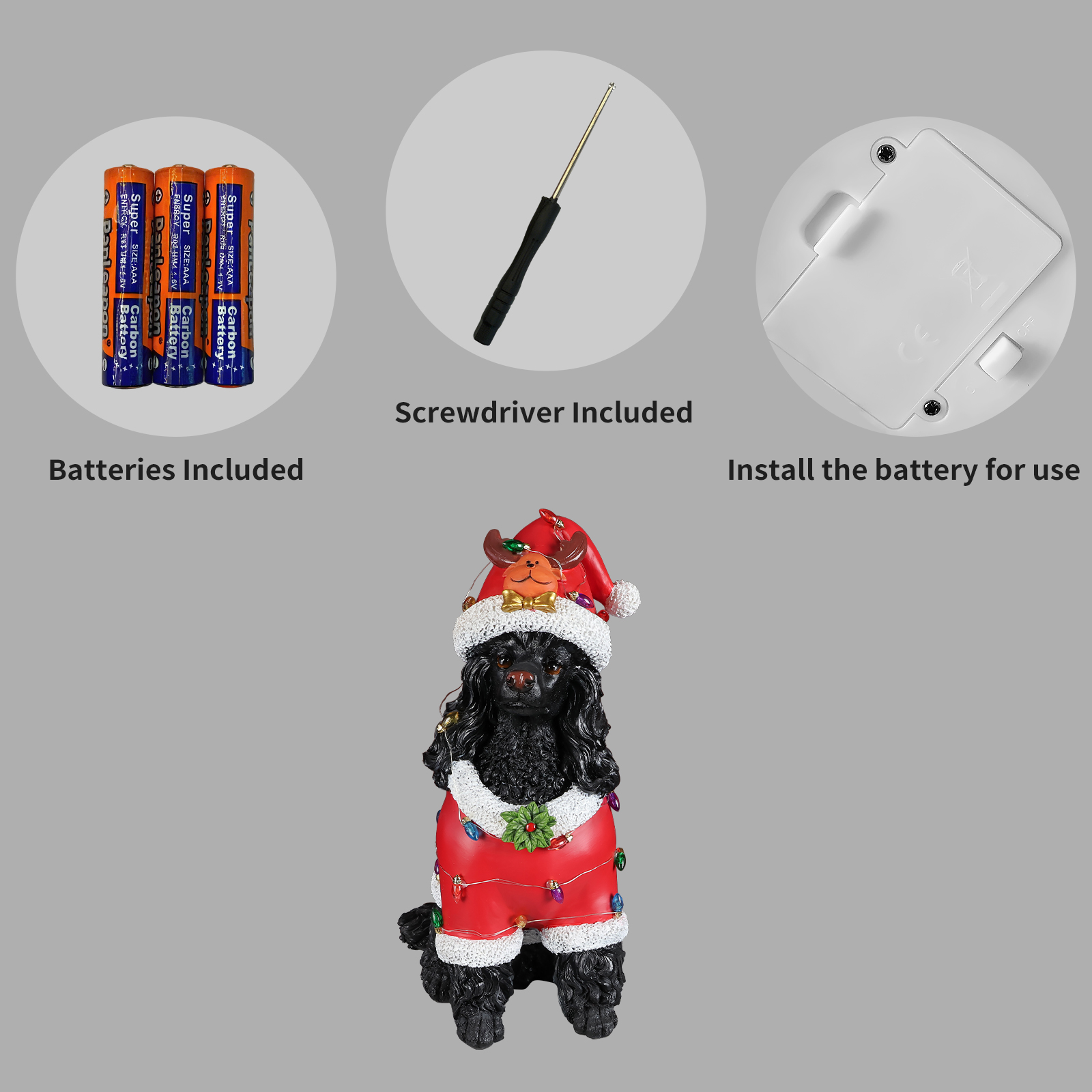 Christmas Black Poodle Statue, Holiday Dog Figurine in Red Santa Outfit image 9