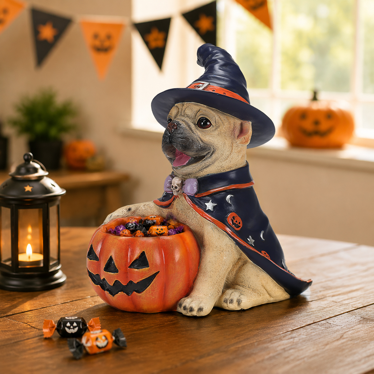 Halloween Frenchie Witch Puppy Figurine, Cute Dog Holding Pumpkin Candy Bowl Decoration image 18