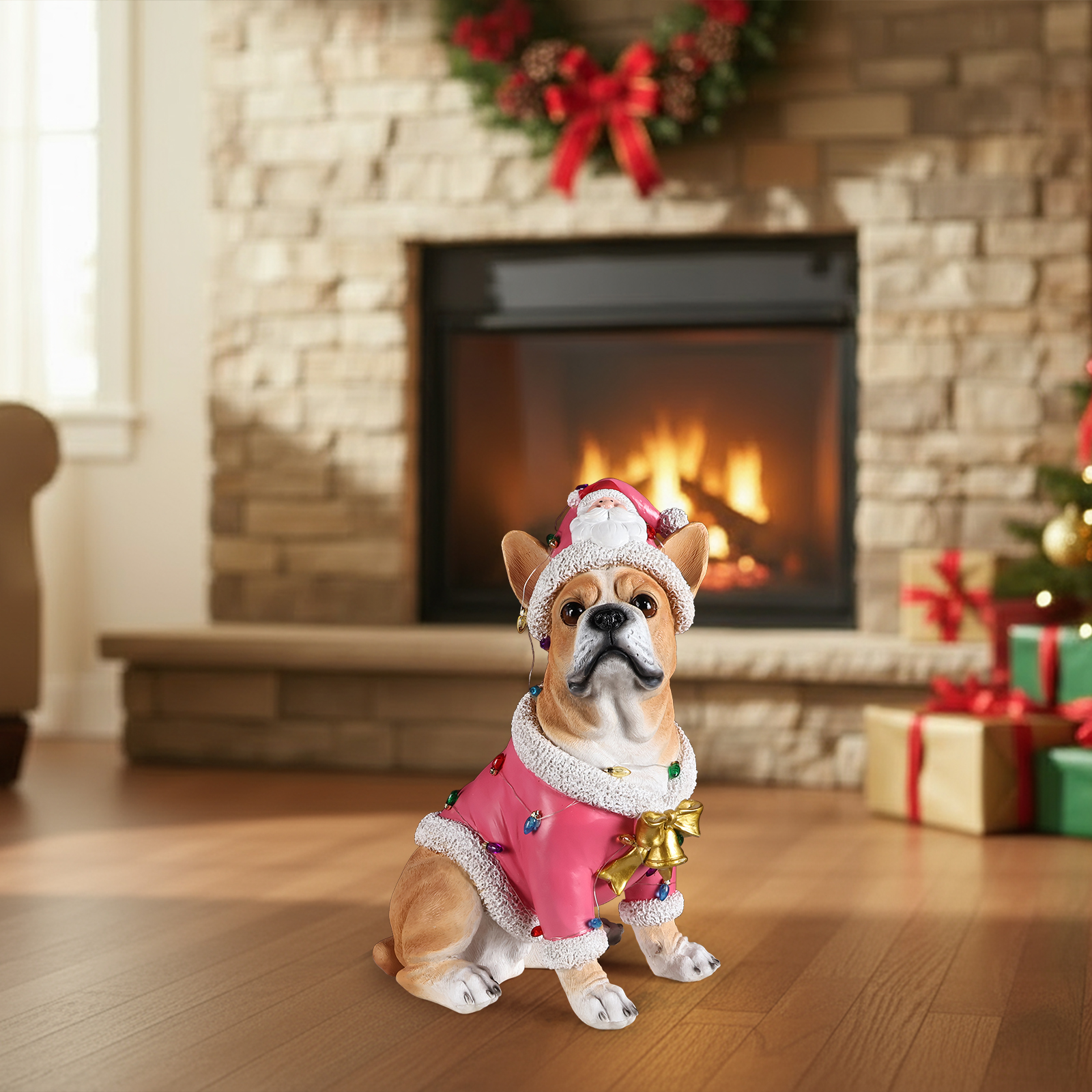 Christmas French Bulldog Statue,Holiday Dog Figurine in Pink Santa Outfit image 10