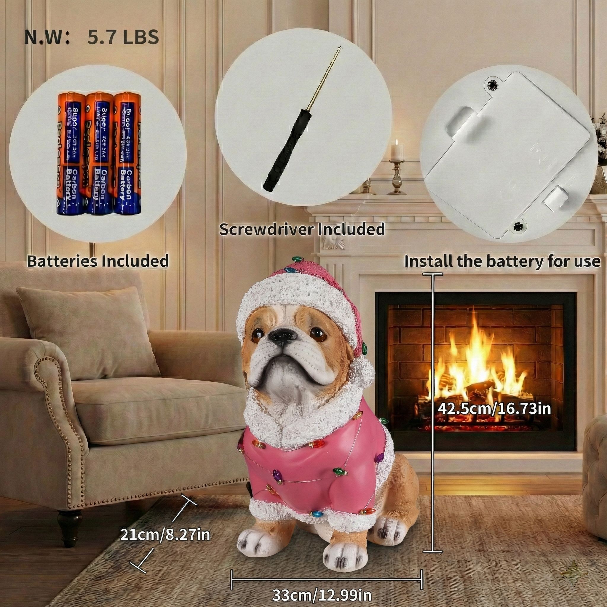 Christmas Pug Statue, Holiday Dog Figurine in Pink Santa Outfit image 4