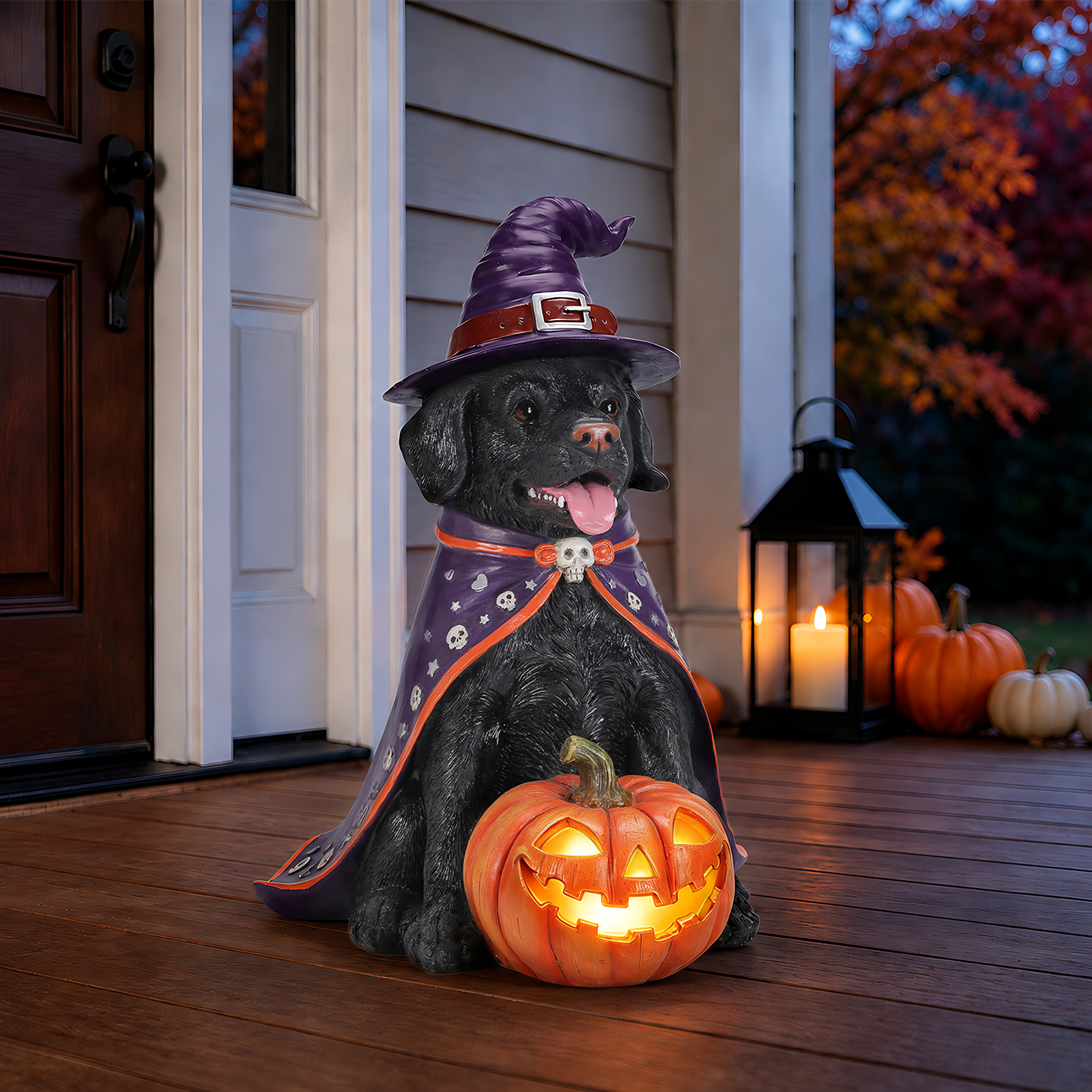 Halloween Black Labrador Retriever Dog Statue, Large Sitting Dog Figurine with Witch Hat & Cape, LED Light Up Jack-O-Lantern Pumpkin image 12