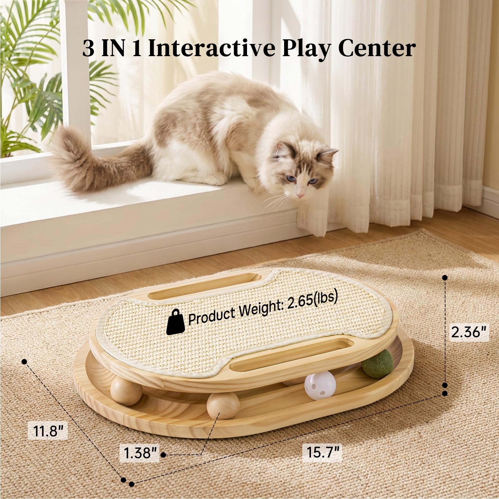 Cat Scratcher With Ball Track Toy, Sisal Scratch Pad For Indoor Use  Wooden Interactive Cat Puzzle Toys For Adult Cats, Kitten Mental Stimulation Self Play Home Enrichment, Spinning Balls