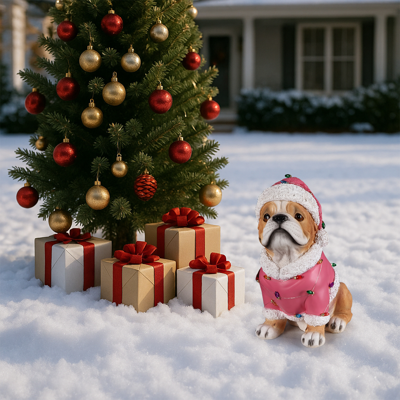 Christmas Pug Statue, Holiday Dog Figurine in Pink Santa Outfit image 6