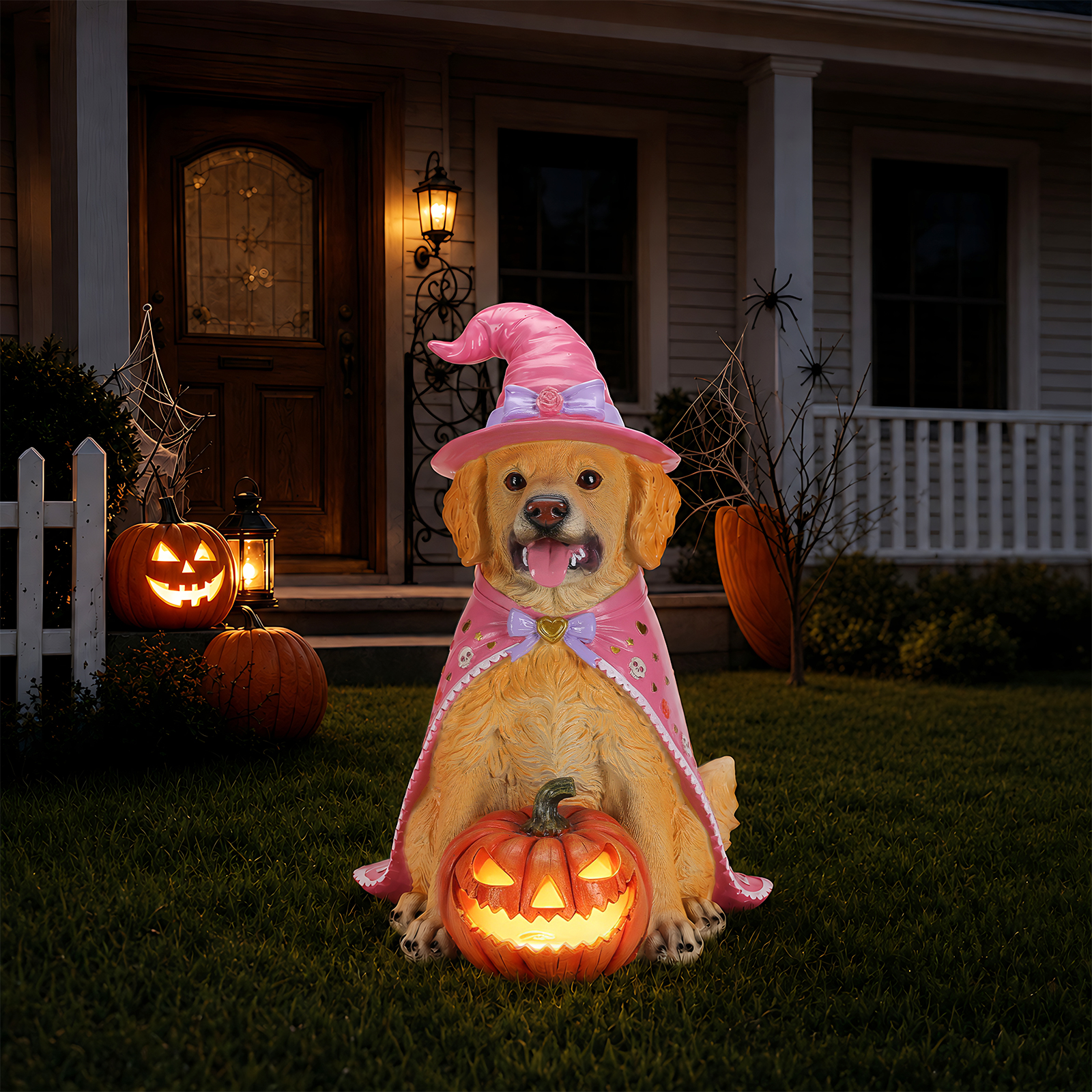 Halloween Golden Retriever Dog Statue, Large Sitting Dog Figurine with Pink Witch Hat & Cape, LED Light Up Jack-O-Lantern Pumpkin image 12