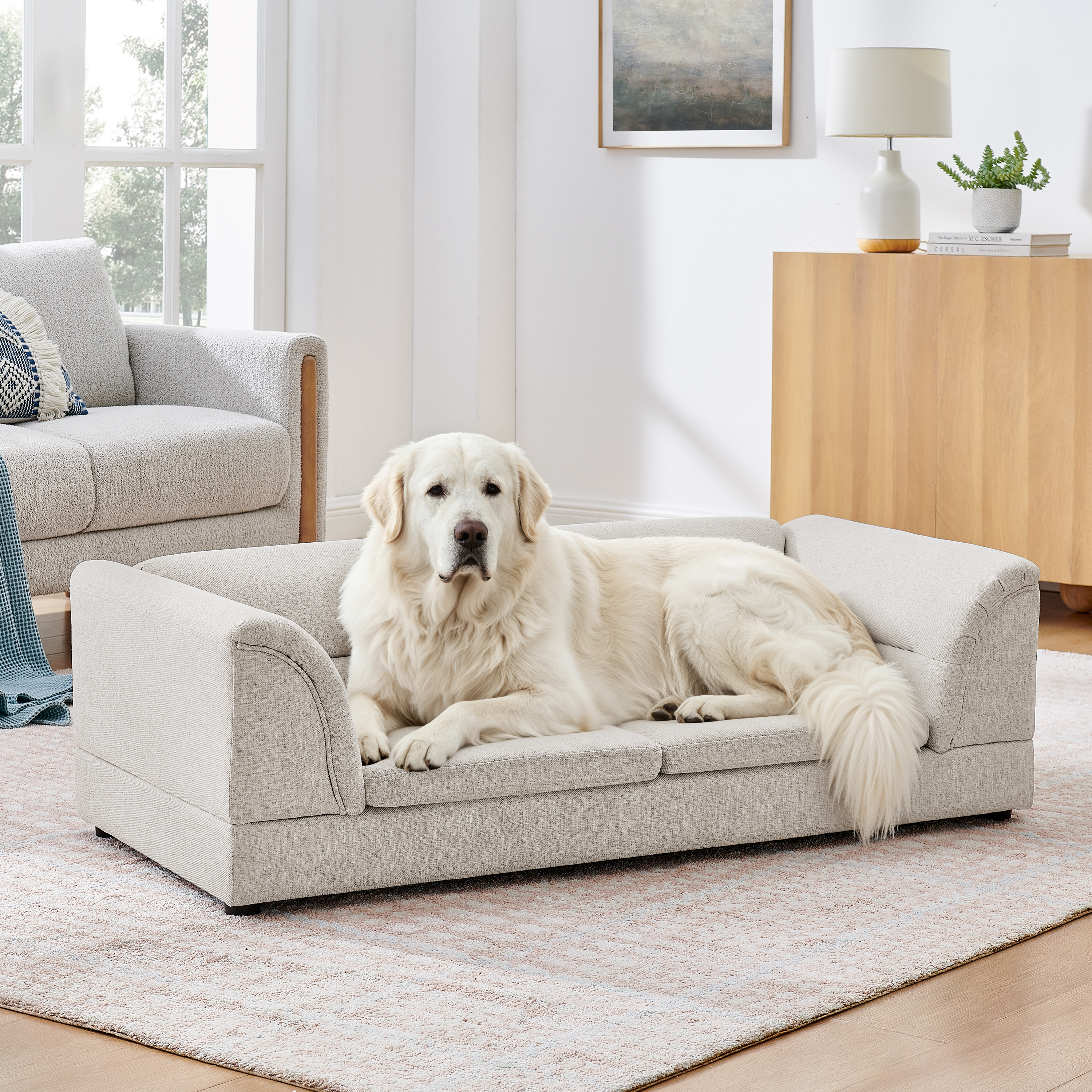 Oversized Pet Sofa, Curved Armrest Rectangular Dog Sofa, Linen Fabric Comfort Pet Couch for Large & Oversized Dogs-Beige image 12