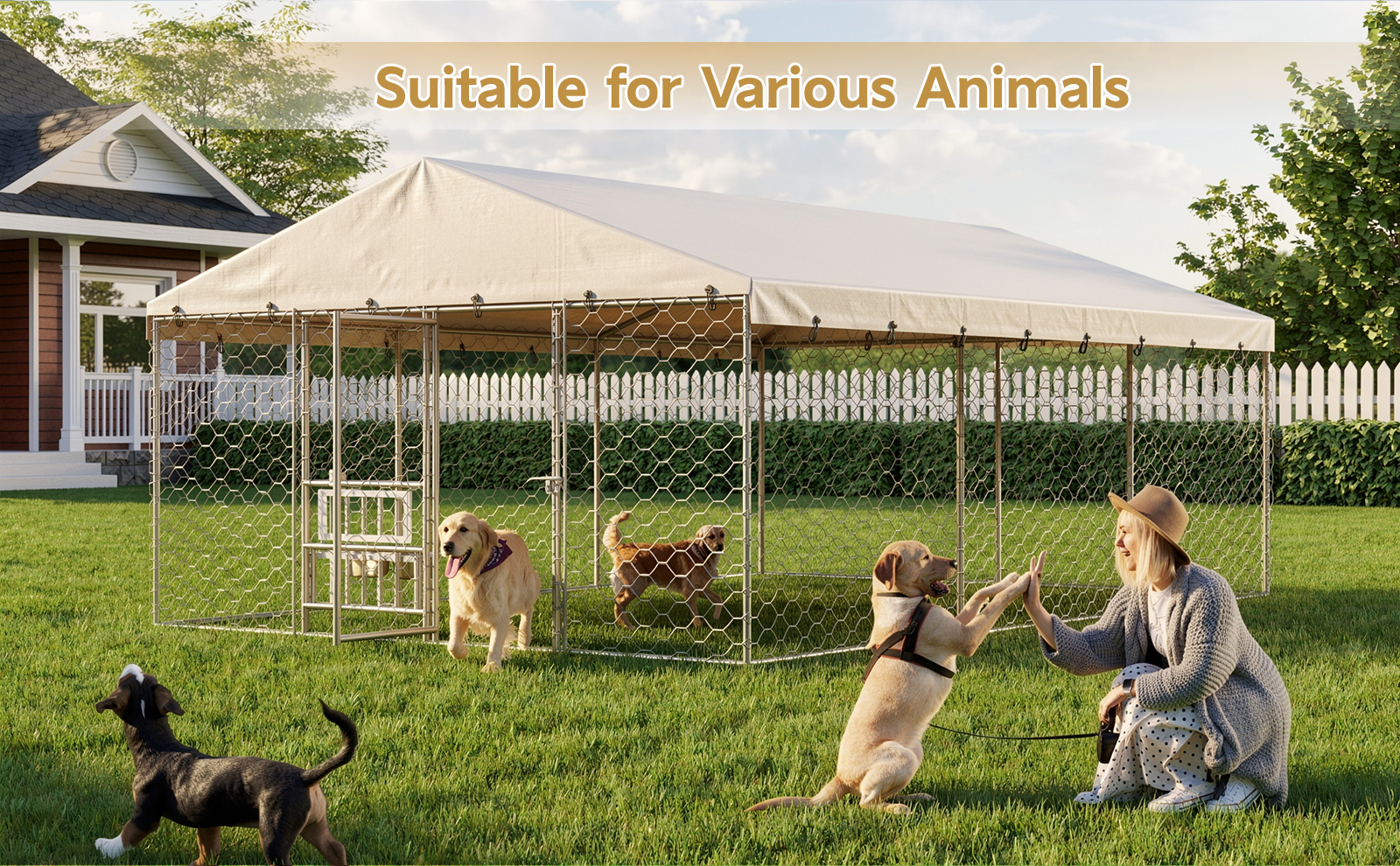 15x10 FT Large Outdoor Dog Kennel with Canopy, Heavy Duty Galvanized Steel Frame, Waterproof Cover, Built-in Elevated Feeding Bowls, Escape-Proof Lockable Pet Playpen for Large Dogs & Multiple Animal image 10