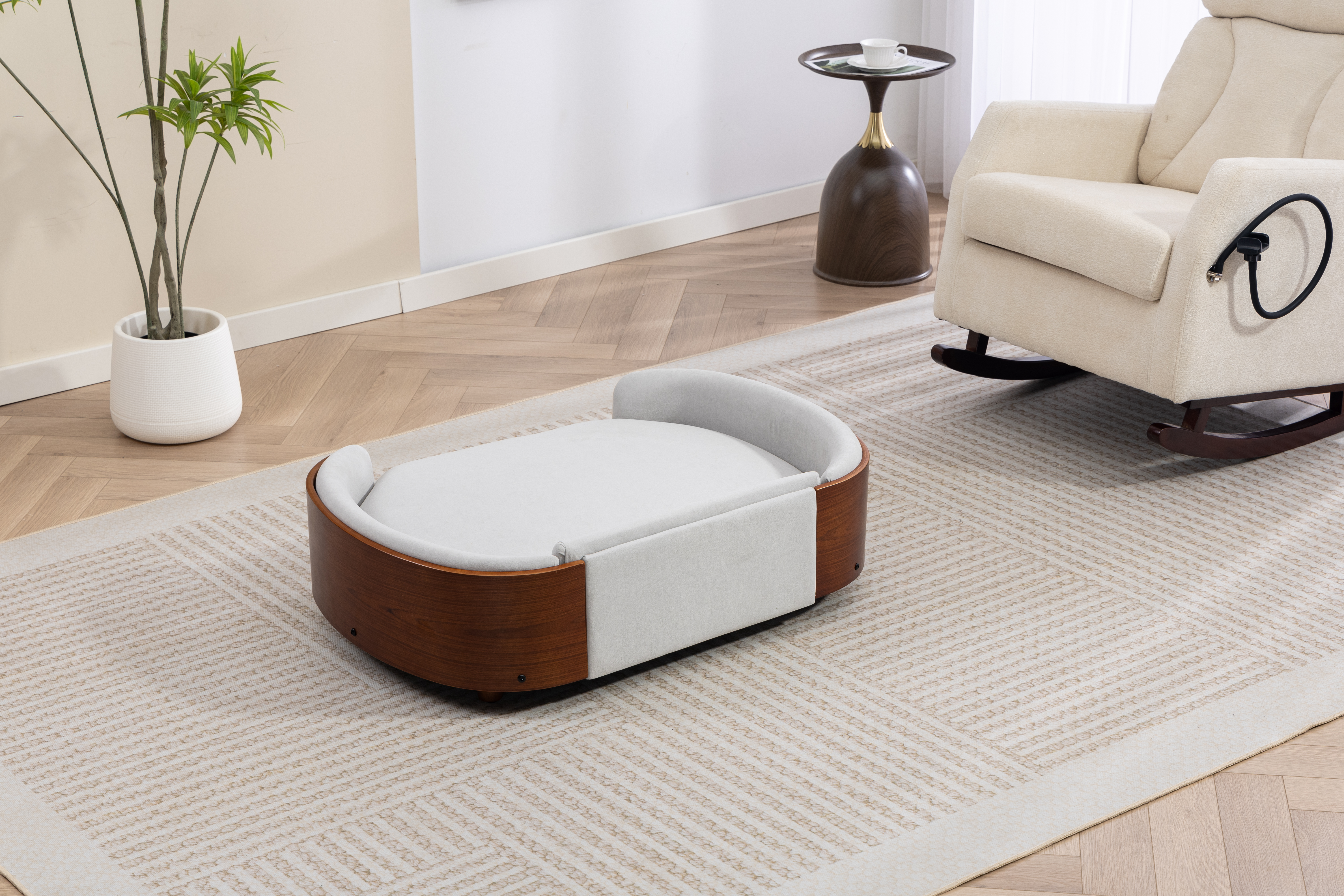Scandinavian style Elevated Dog Bed Pet Sofa With Solid Wood legs and Walnut Bent Wood Back, Velvet Light Gray,Large Size image 7
