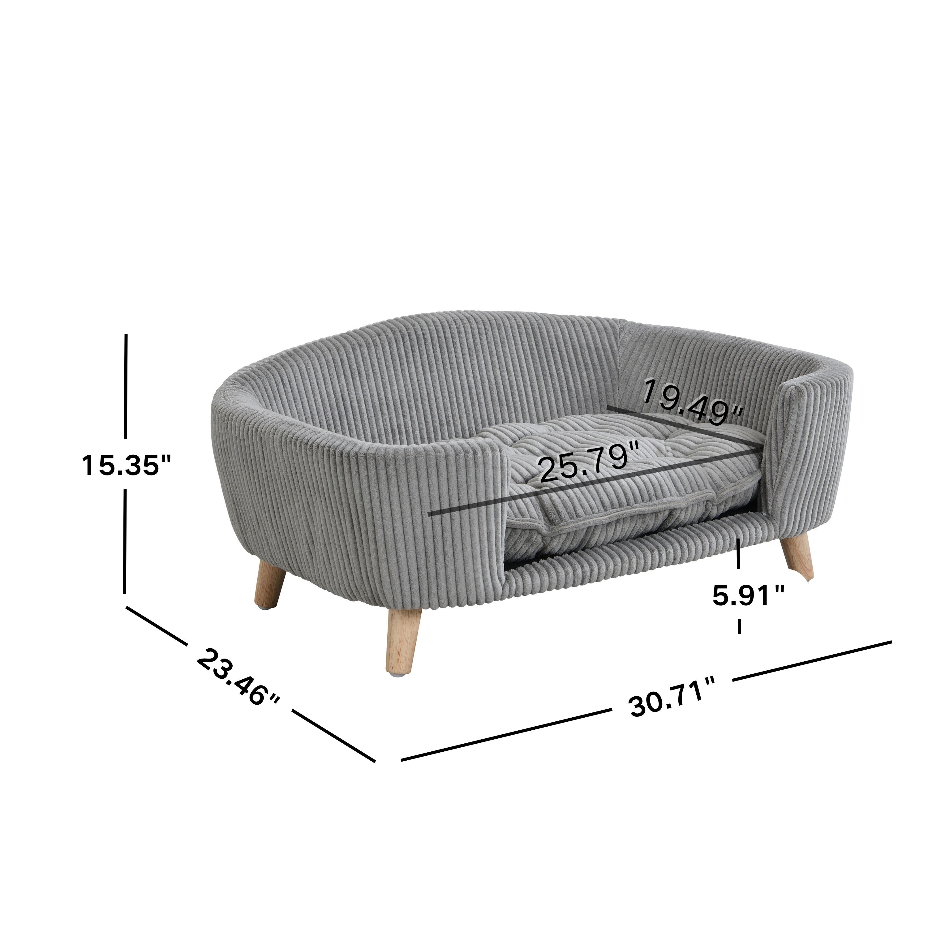 Elevated Dog Bed Frame for Small Dog, Corduroy Pet Couch Bed with Rubber Wood Legs and Supportive Foam, Grey, Easy Assembly image 9