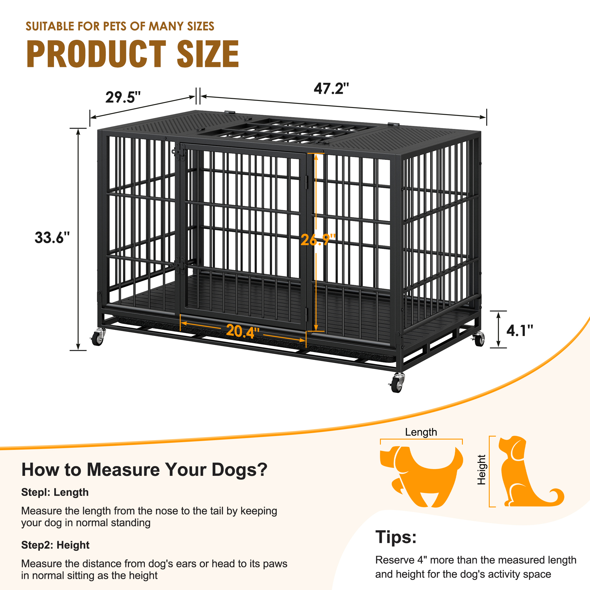 Heavy Duty Dog Crate , Mobile Pet Kennel with Lockable Wheels & Rotary Twist-Latch, Indoor Outdoor Metal Cage with Perforated Top image 6
