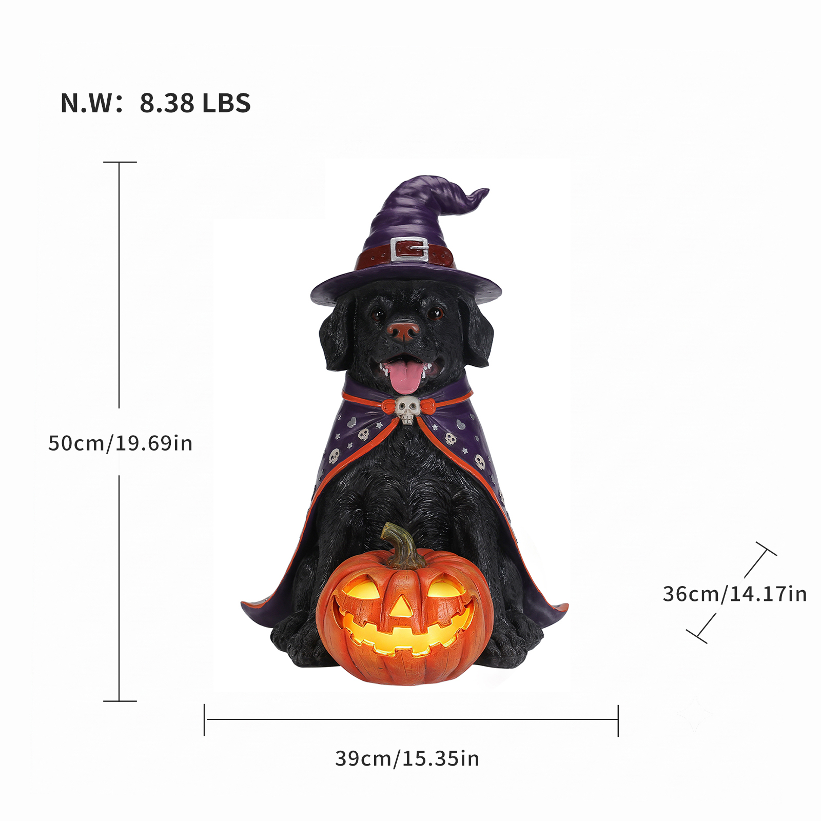 Halloween Black Labrador Retriever Dog Statue, Large Sitting Dog Figurine with Witch Hat & Cape, LED Light Up Jack-O-Lantern Pumpkin image 8