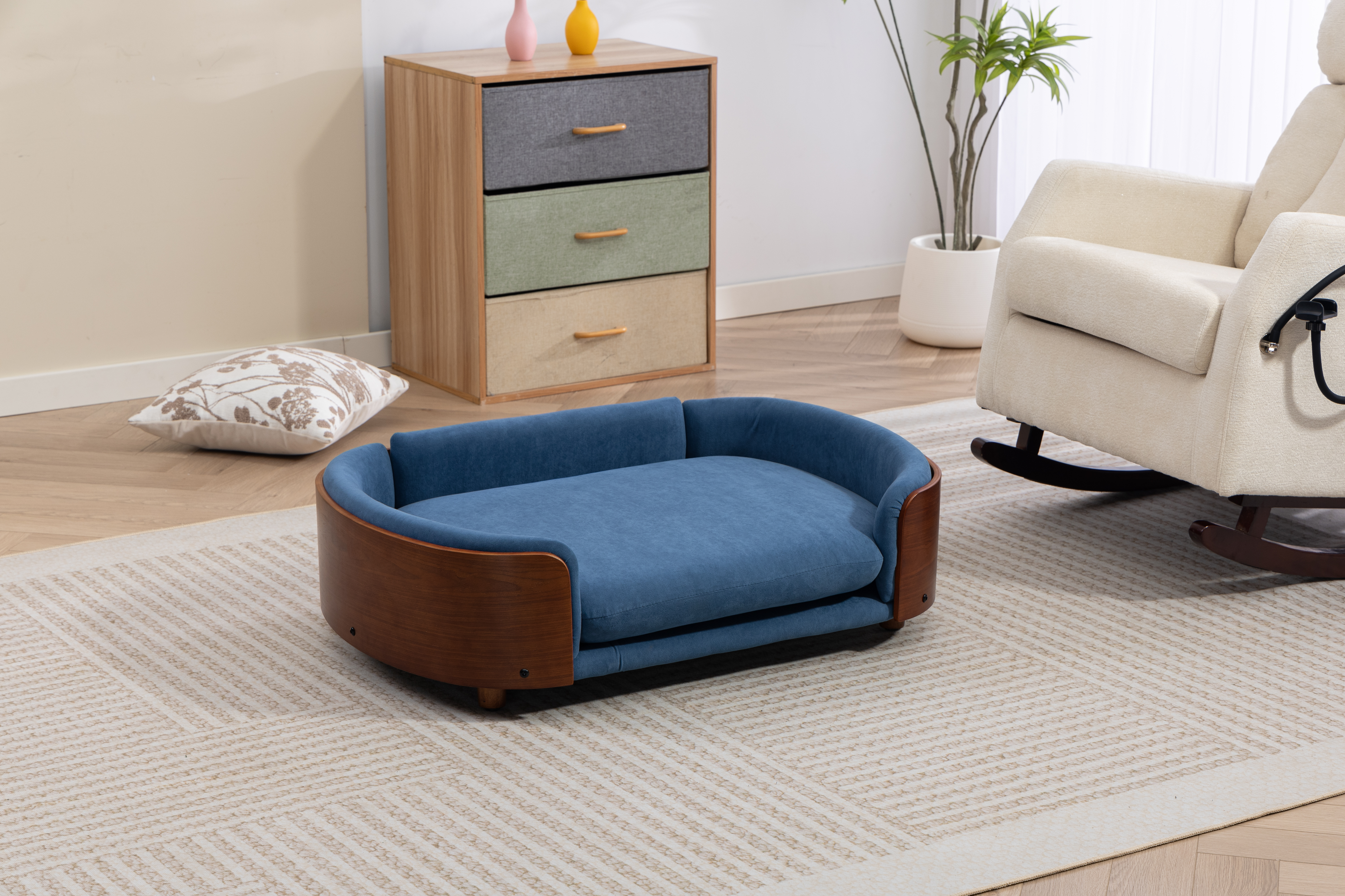 Scandinavian style Elevated Dog Bed Pet Sofa With Solid Wood legs and Walnut Bent Wood Back, Velvet Cushion,Large Size image 3