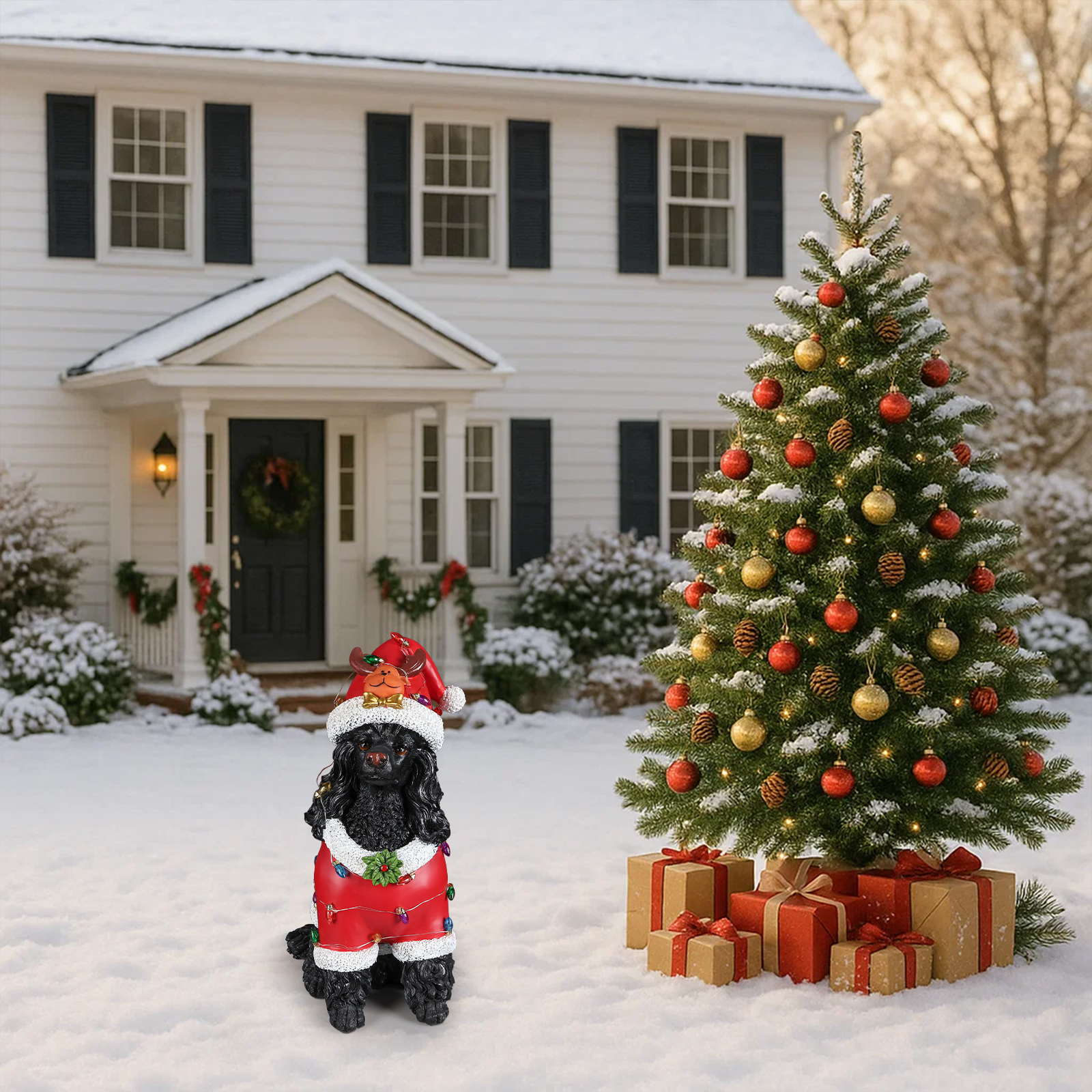 Christmas Black Poodle Statue, Holiday Dog Figurine in Red Santa Outfit image 16