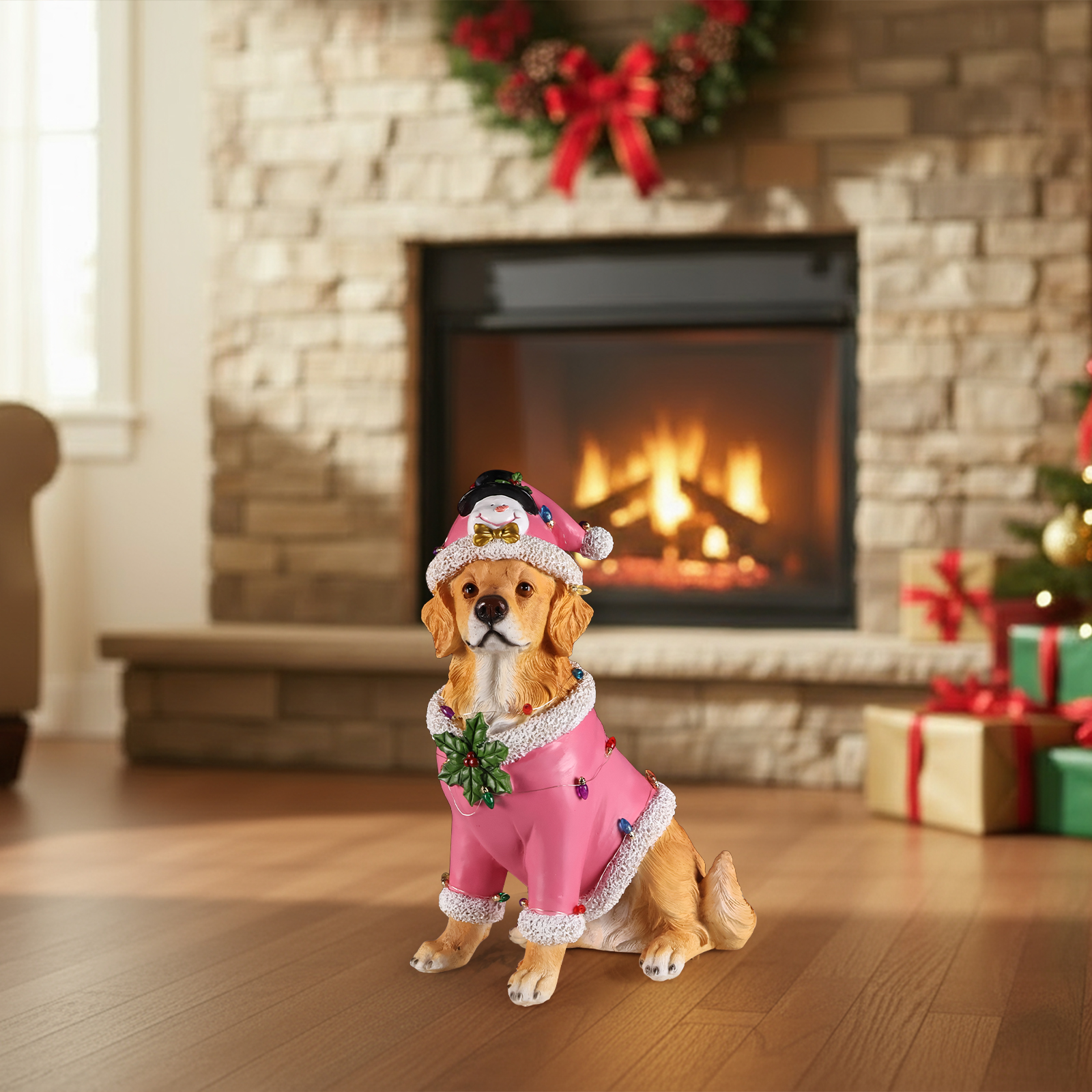 Christmas Golden Retriever Statue, Holiday Dog Figurine in Pink Santa Outfit image 15