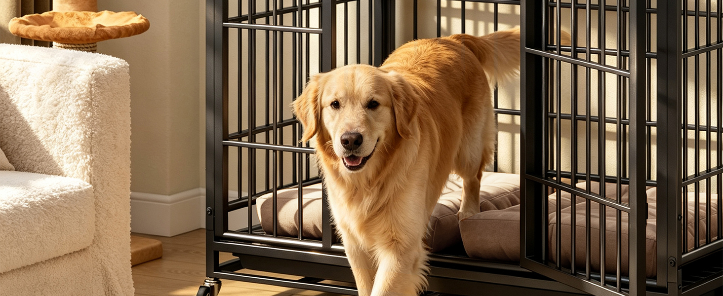 Heavy Duty Dog Crate , Mobile Pet Kennel with Lockable Wheels & Rotary Twist-Latch, Indoor Outdoor Metal Cage with Perforated Top image 13
