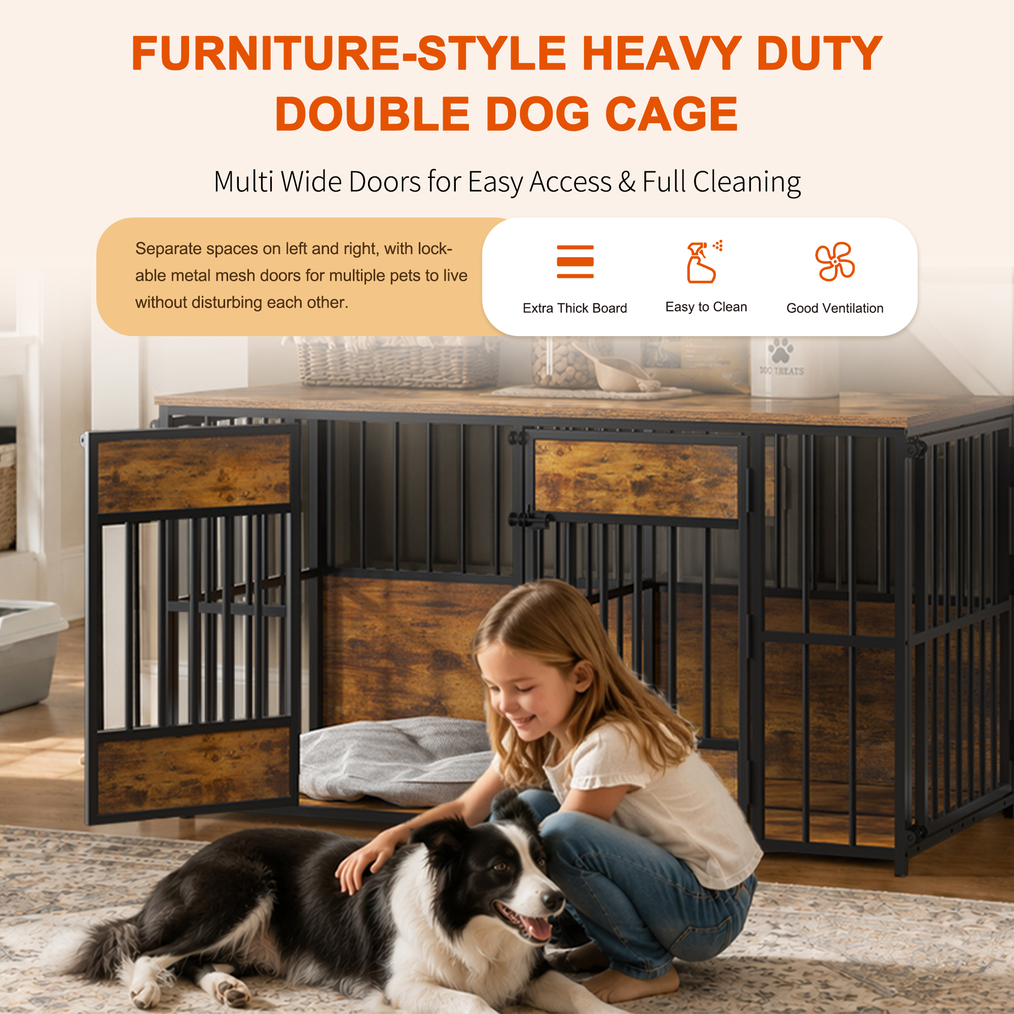 Wooden Dog Crate Furniture, Large Dog Kennel with Storage Top, Indoor Pet Cage image 14
