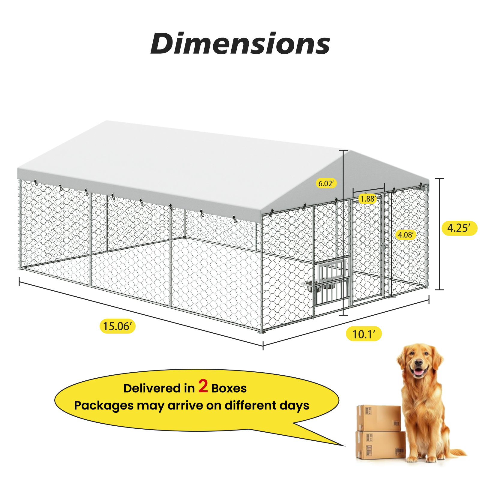 15x10 FT Large Outdoor Dog Kennel with Canopy, Heavy Duty Galvanized Steel Frame, Waterproof Cover, Built-in Elevated Feeding Bowls, Escape-Proof Lockable Pet Playpen for Large Dogs & Multiple Animal image 8