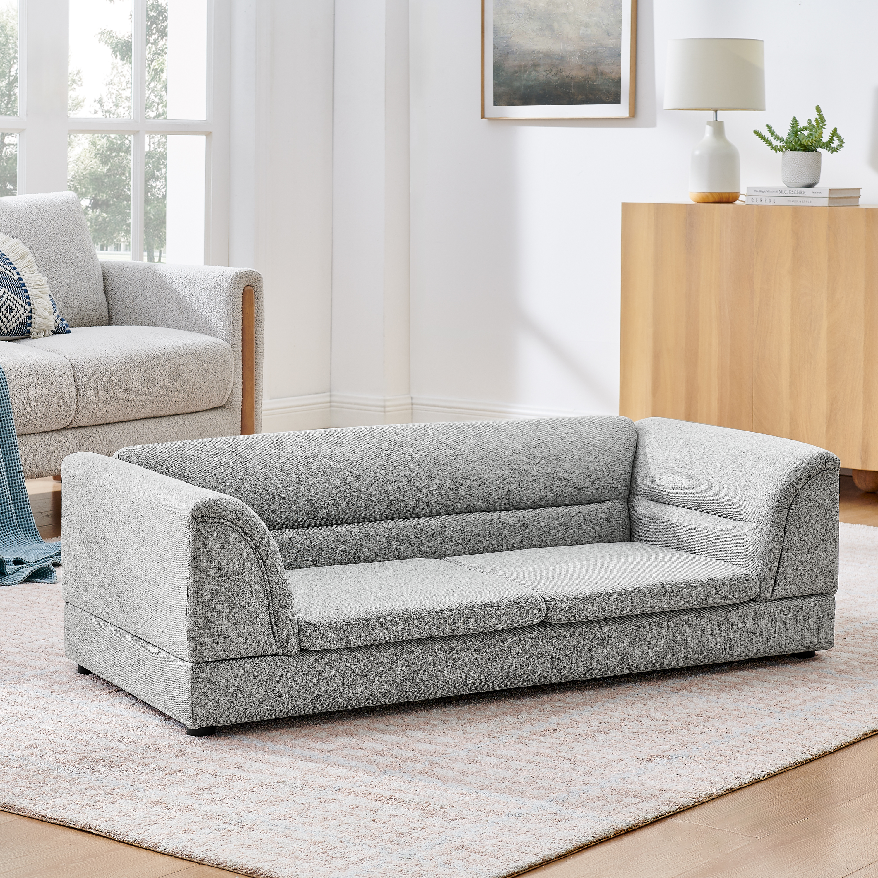 Oversized Pet Sofa, Curved Armrest Rectangular Dog Sofa, Linen Fabric Comfort Pet Couch for Large & Oversized Dogs-LIGHT GREYX image 8