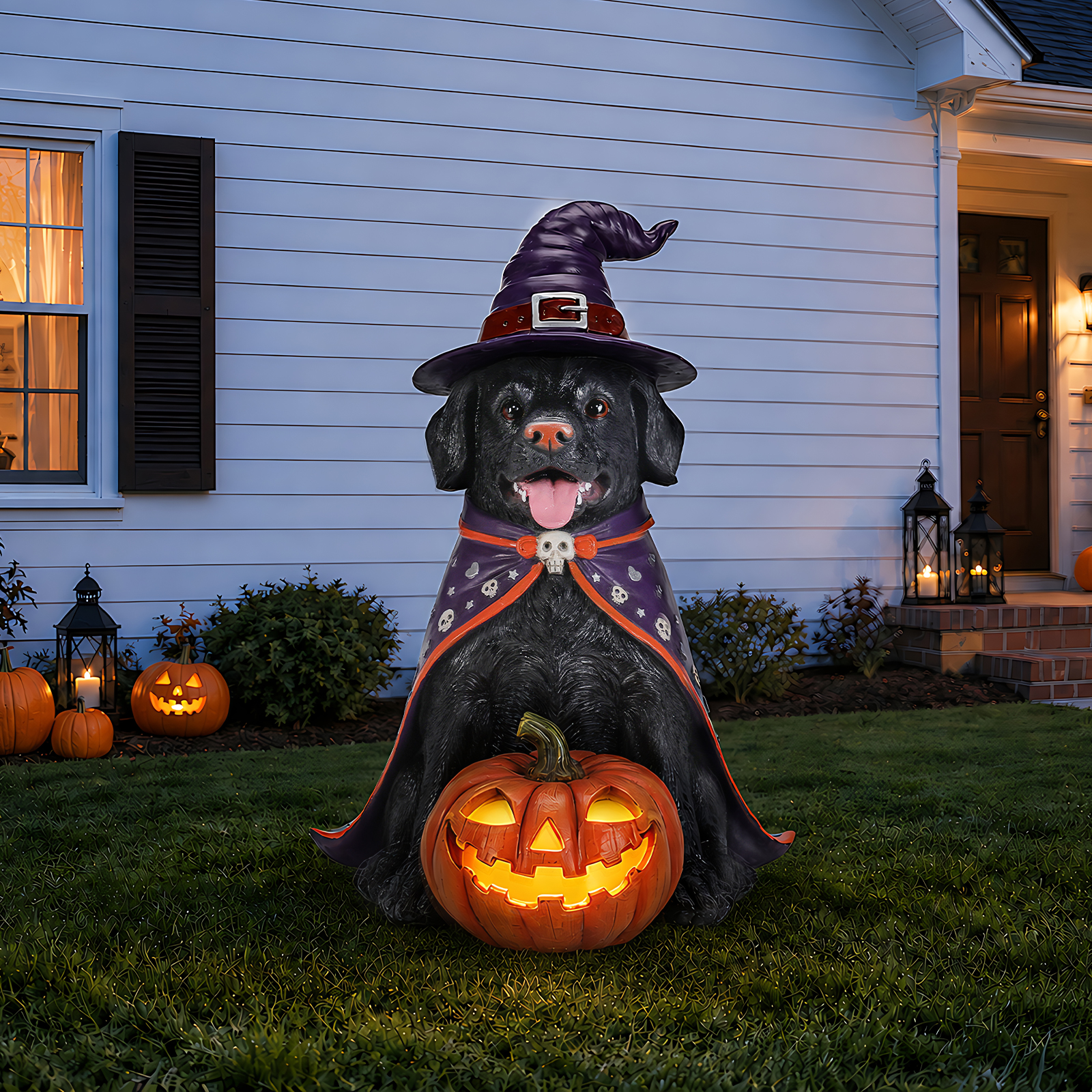 Halloween Black Labrador Retriever Dog Statue, Large Sitting Dog Figurine with Witch Hat & Cape, LED Light Up Jack-O-Lantern Pumpkin image 20