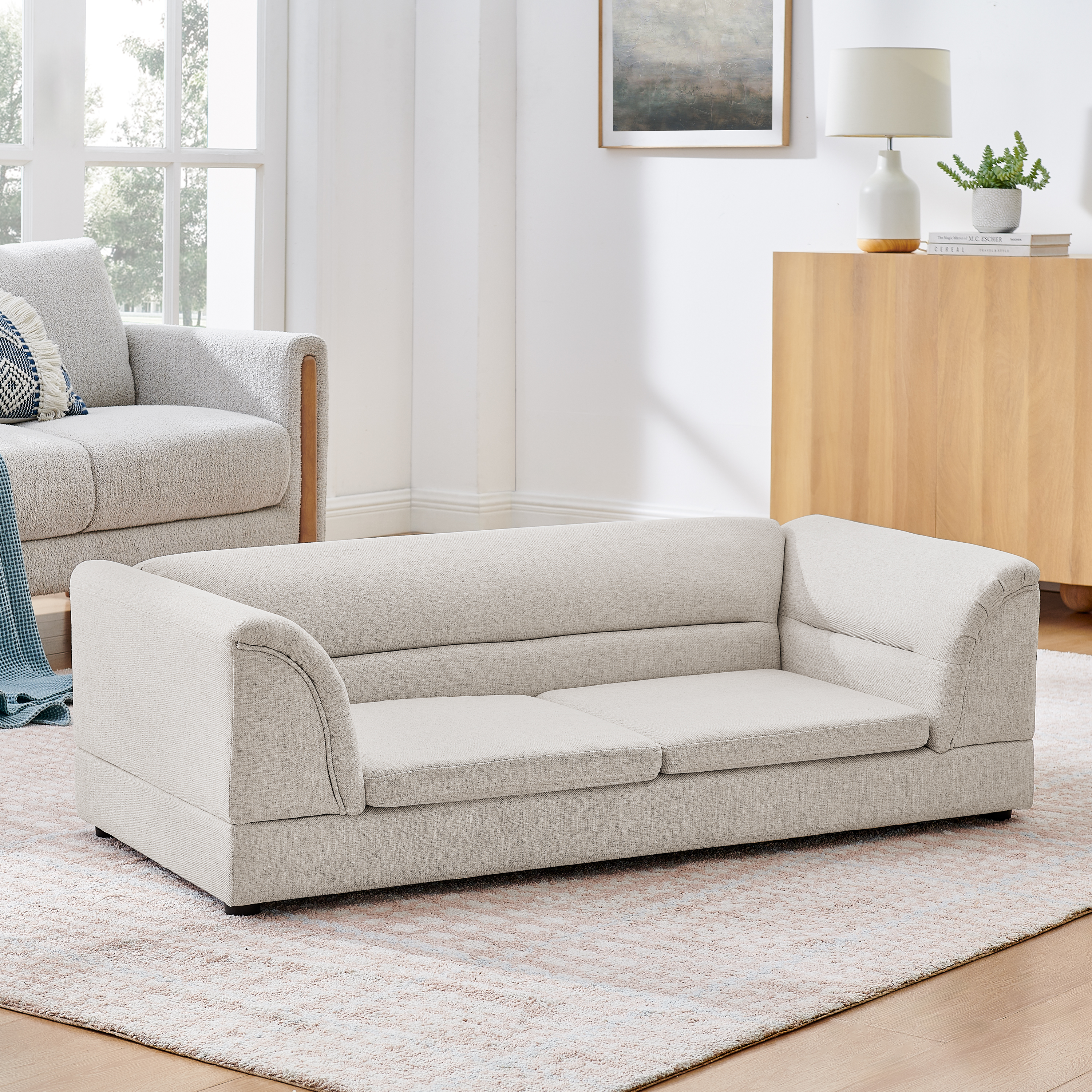 Oversized Pet Sofa, Curved Armrest Rectangular Dog Sofa, Linen Fabric Comfort Pet Couch for Large & Oversized Dogs-Beige image 4
