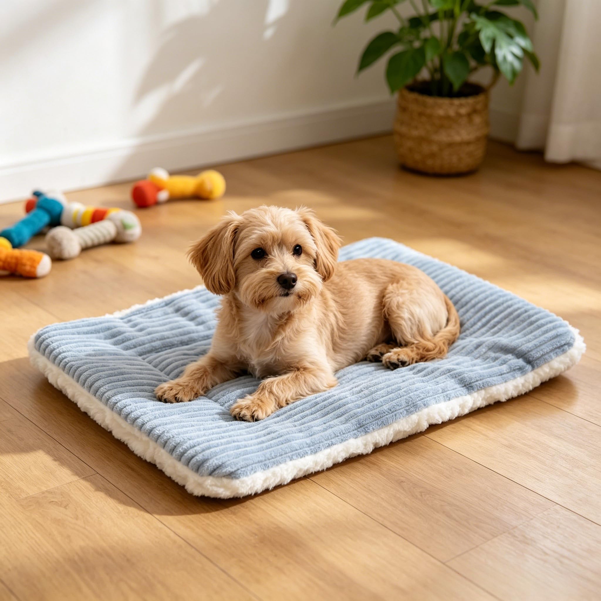 Double Sided Pet Bed Mat ,Striped Plush & Fleece Reversible Small Dog Cat Cushion Pad,Portable Washable Pet Sleeping Blanket For Puppy Kitten Indoor Cage Use image 2