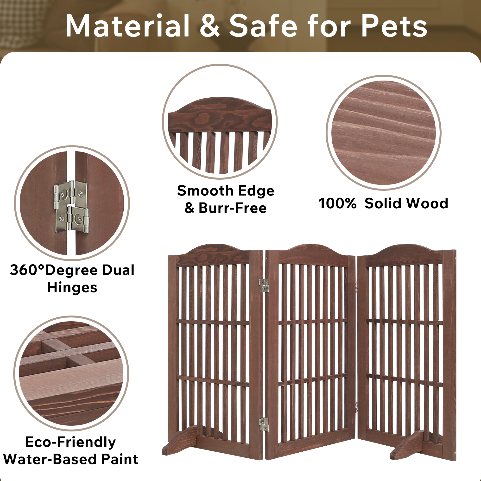 Wooden Freestanding Foldable Pet Gate for Dogs, 30 inch 3 Panels Step Over Fence, Dog Gate for The House, Doorway, image 8