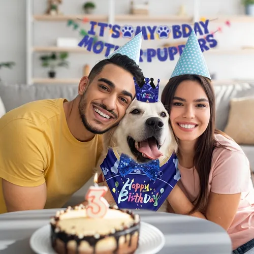 Dog Birthday Party Supplies, Boy Dog Birthday Bandana Set with Cute Dog Bowtie, Scarf, Birthday Banner  Balloons and Hat with Numbers for Medium and Extra Large Dogs Pets(Blue) image 9