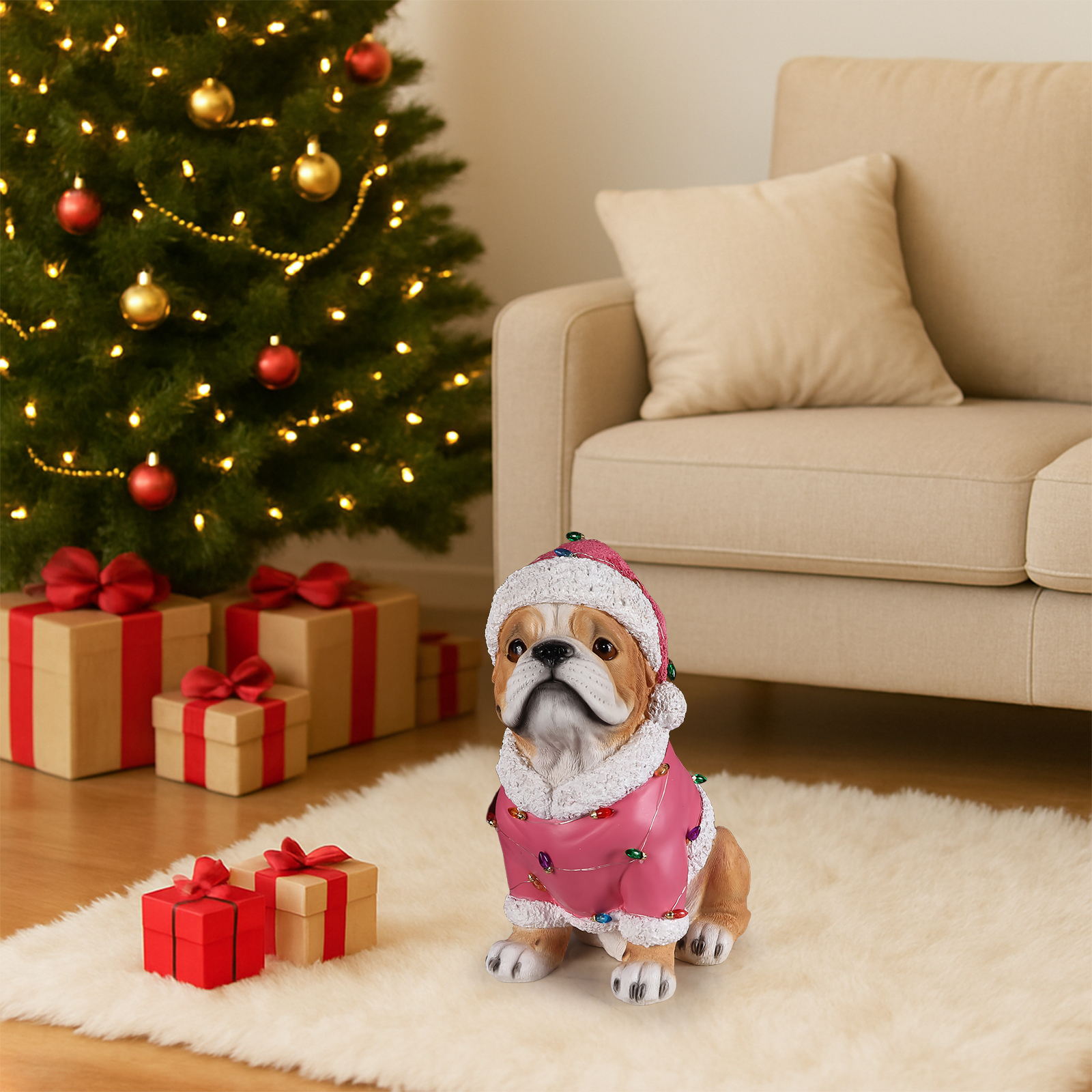 Christmas Pug Statue, Holiday Dog Figurine in Pink Santa Outfit image 12